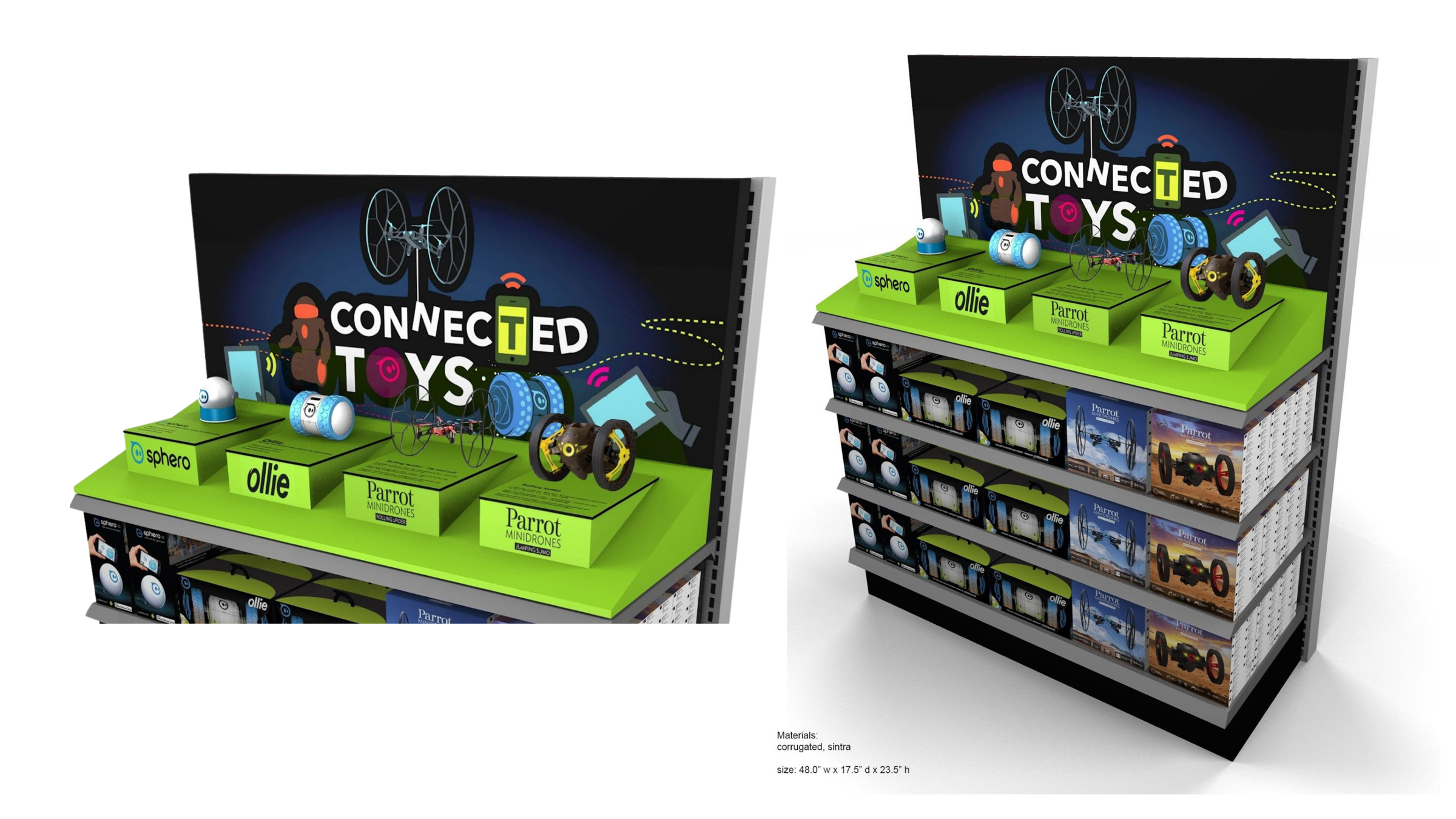 Two renders of a green Connected Toys retail gondola stocked with Sphero, Ollie and Parrot Minidrones boxes