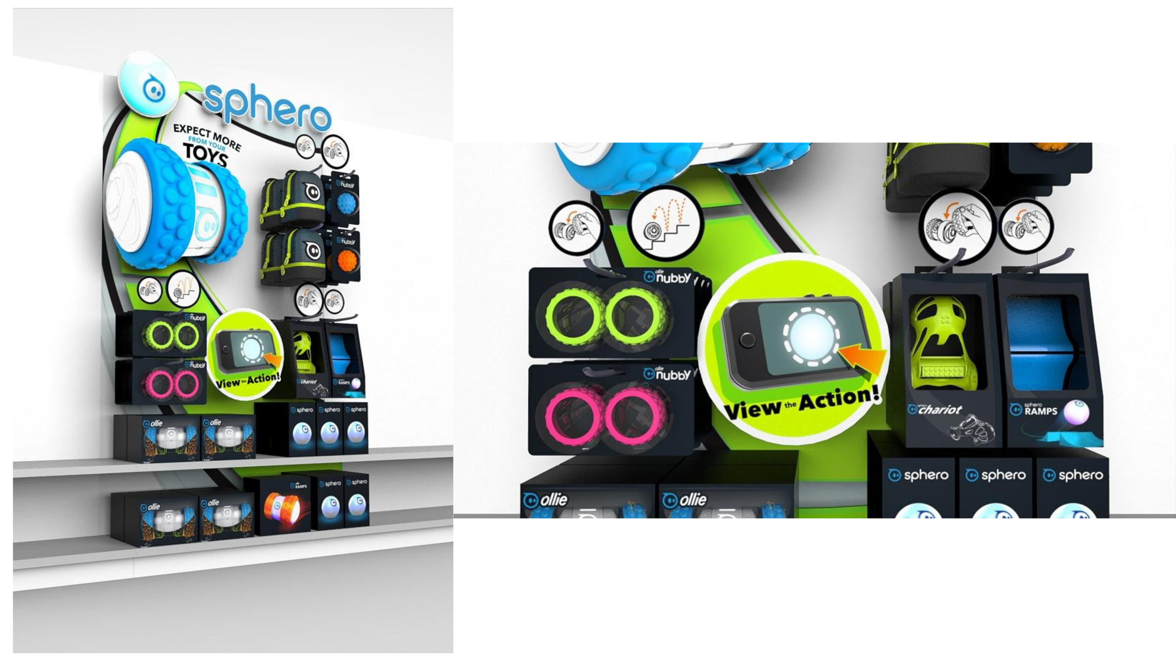 Renders of a Sphero in-store display wall with Ollie Nubby tires, Chariot, Ramps and boxed robots, plus a detail view