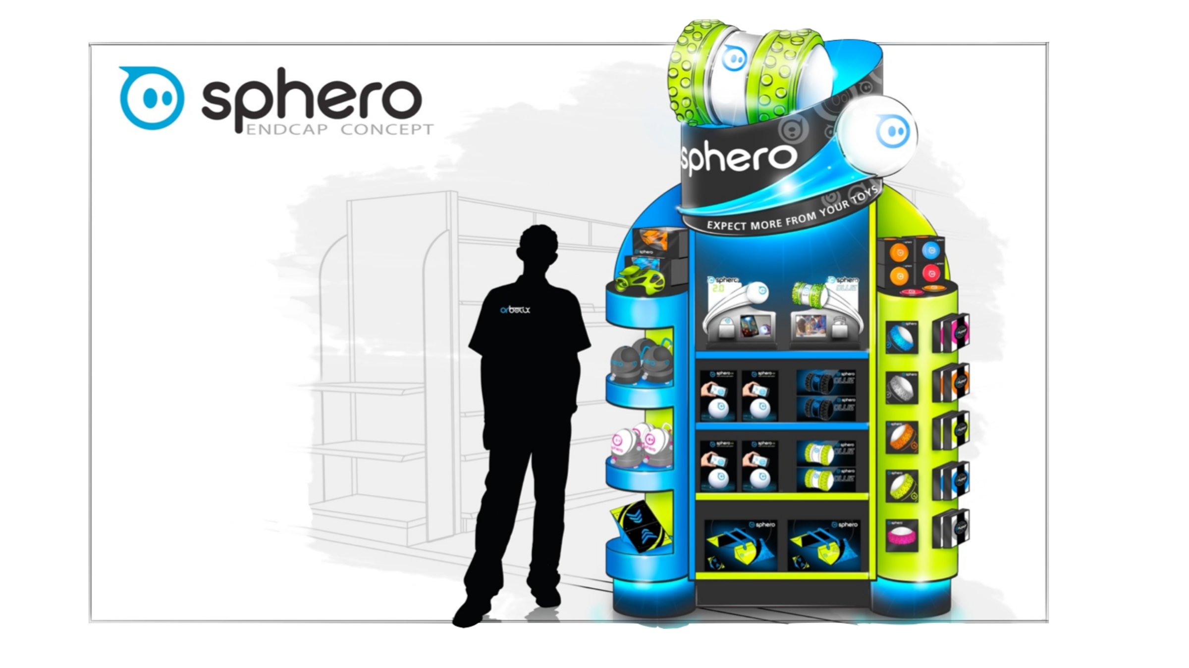 Sphero endcap concept render with a black silhouette figure for scale, headed 'Expect more from your toys'