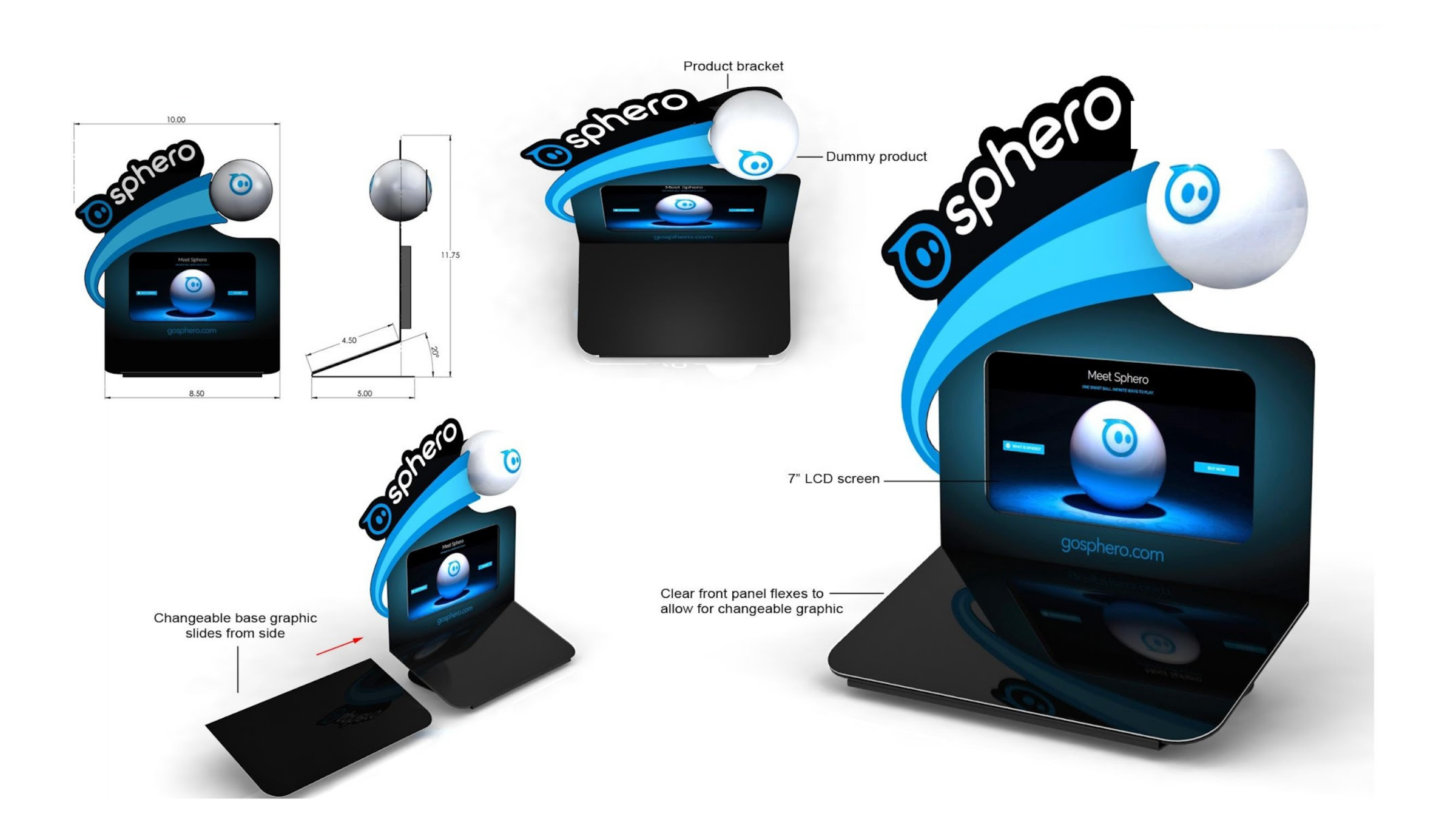 Design renders of a Sphero countertop retail display with dimensions, dummy ball, LCD screen and swappable base graphic