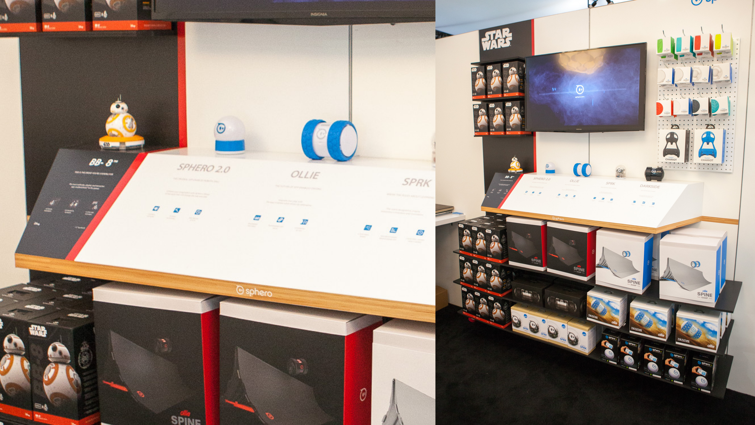Two photos of an installed Sphero in-store fixture: white demo deck, wall-mounted TV, BB-8 stock and pegged accessories