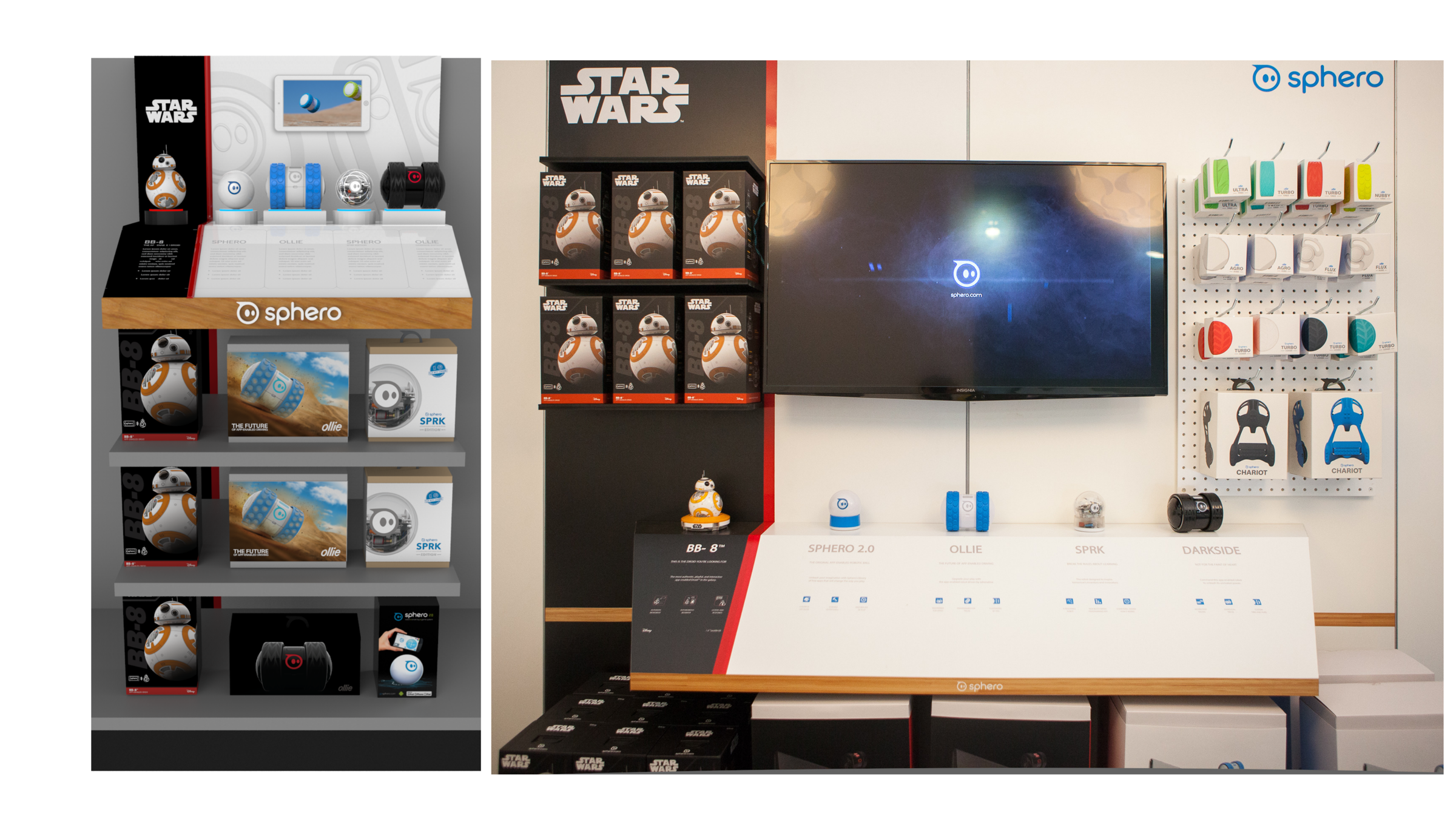 Sphero fixture concept render at left paired with a photo of the same fixture built and stocked in store at right