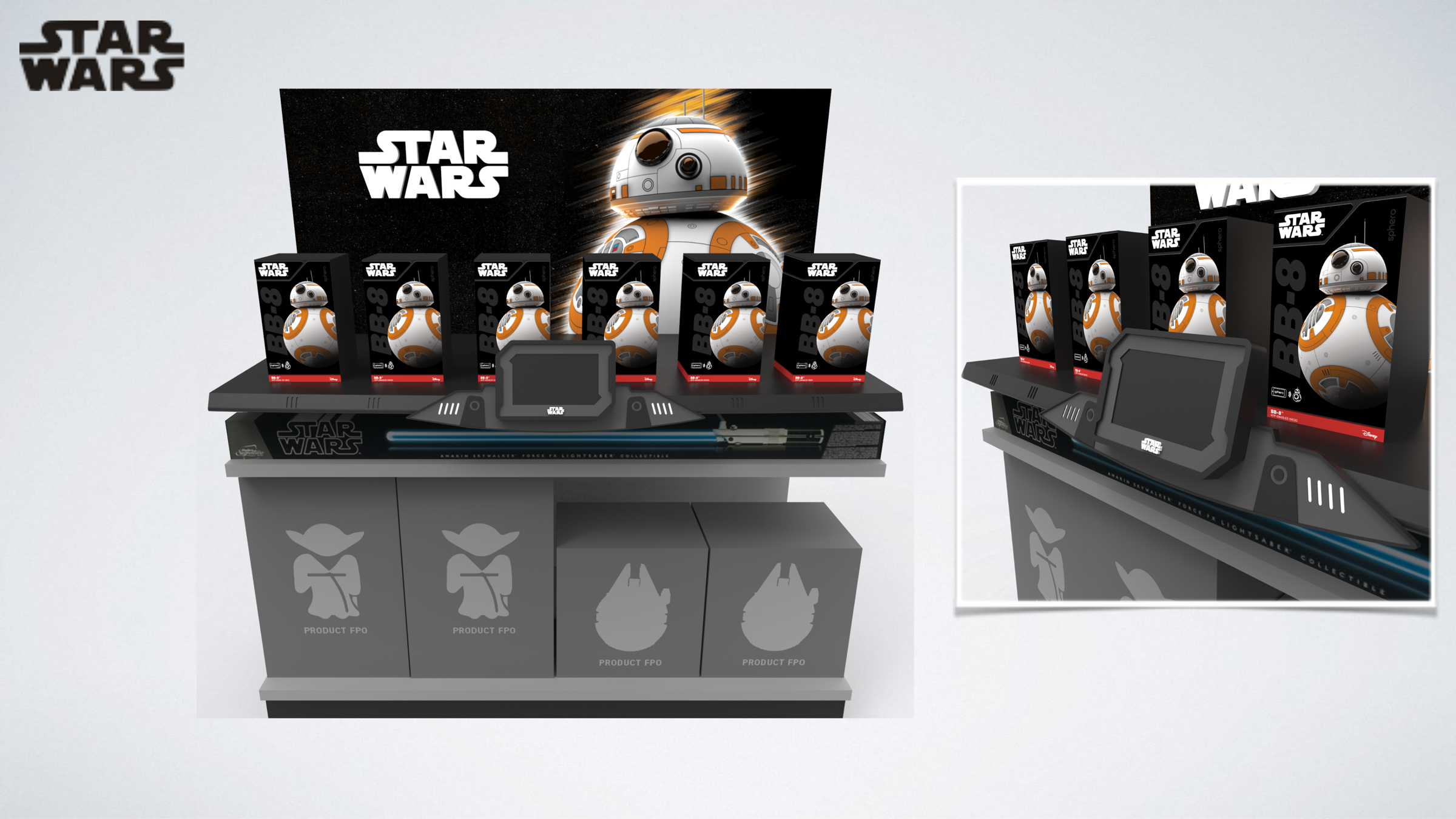 Render of a grey Star Wars counter display holding six boxed BB-8 droids, a tablet mount and a lightsaber shelf