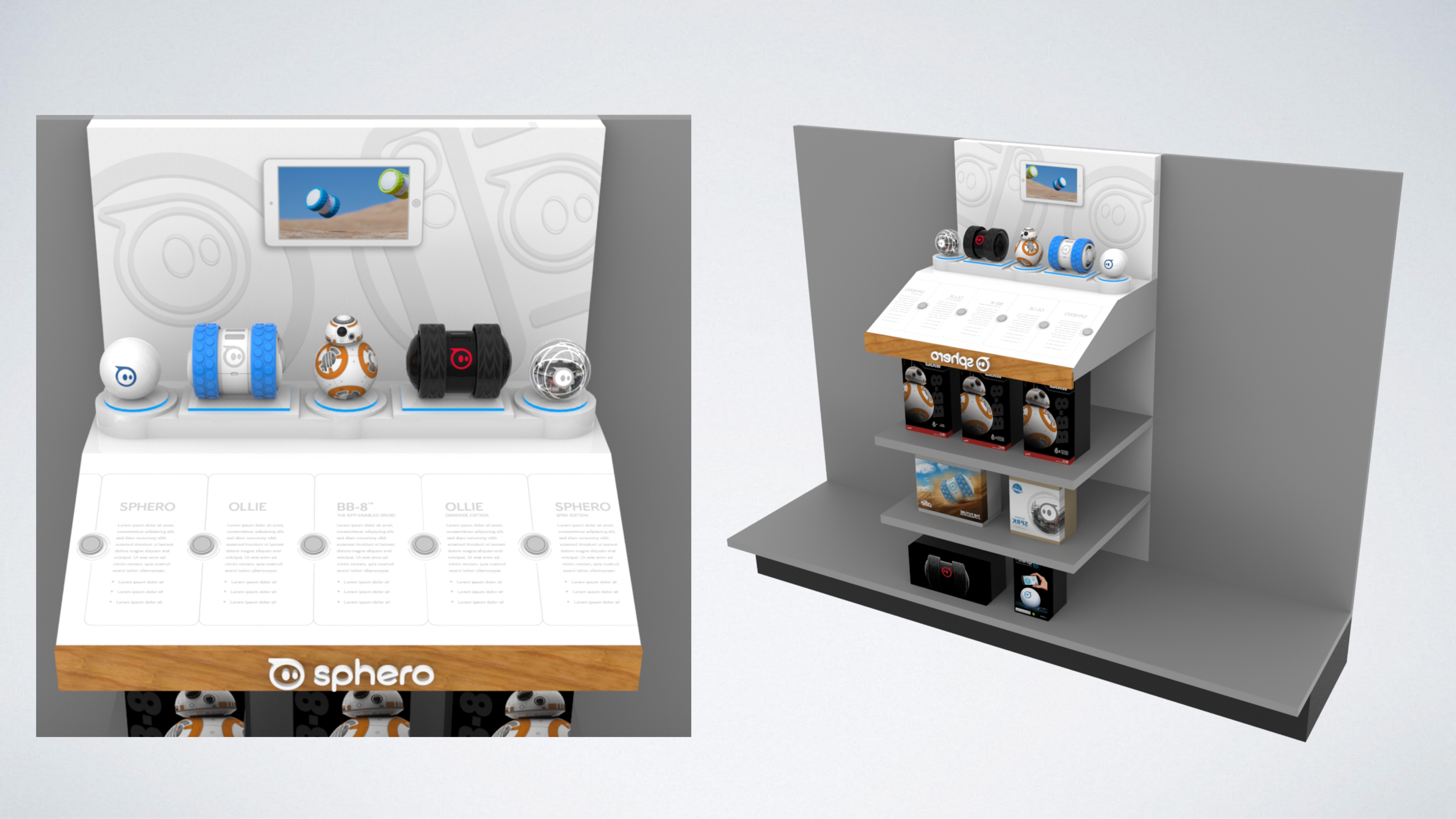 Two renders of a white Sphero display with five robots on lit pucks above a panel of product descriptions