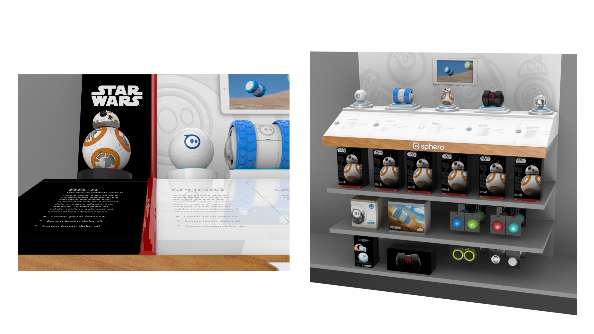 Close-up render of a Sphero fixture's BB-8 panel and demo deck at left, full stocked fixture render at right