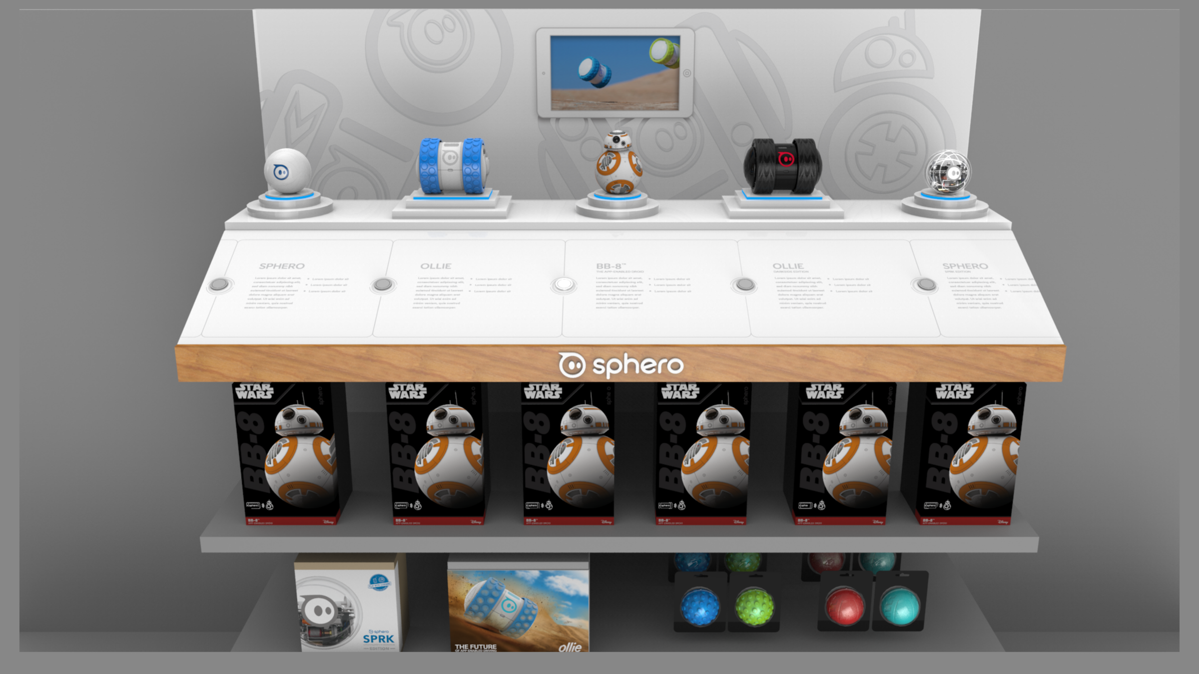 Straight-on render of a Sphero fixture: five robots on lit pucks, six boxed BB-8 units and covers on shelves below