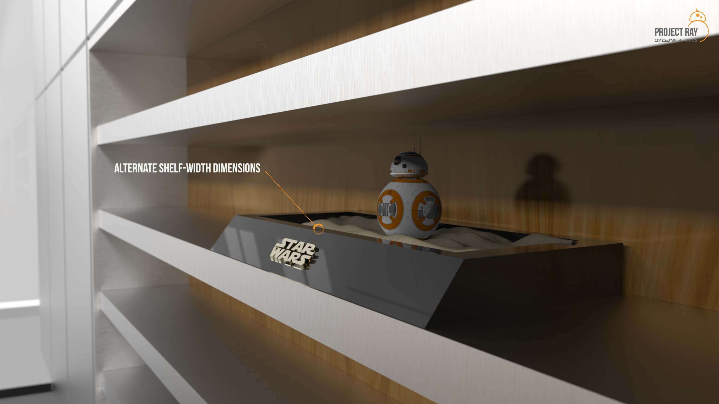 Rendered black Star Wars display tray with a BB-8 droid on a sand surface, tucked into a lit wooden retail shelf bay