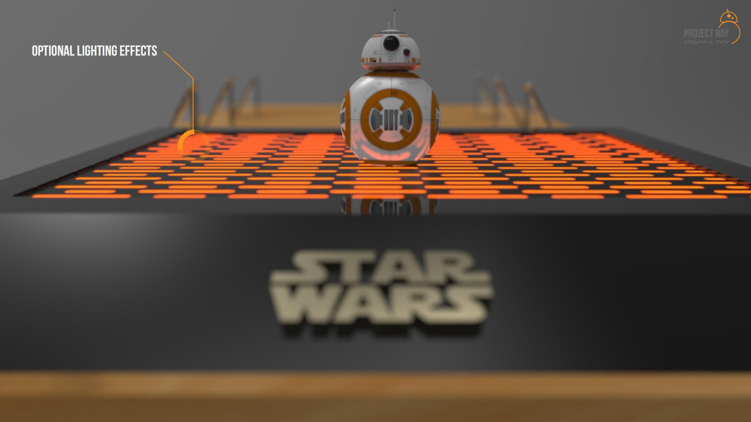 Low-angle render of a black Star Wars display base with a glowing orange LED grid surface and a BB-8 droid standing on it