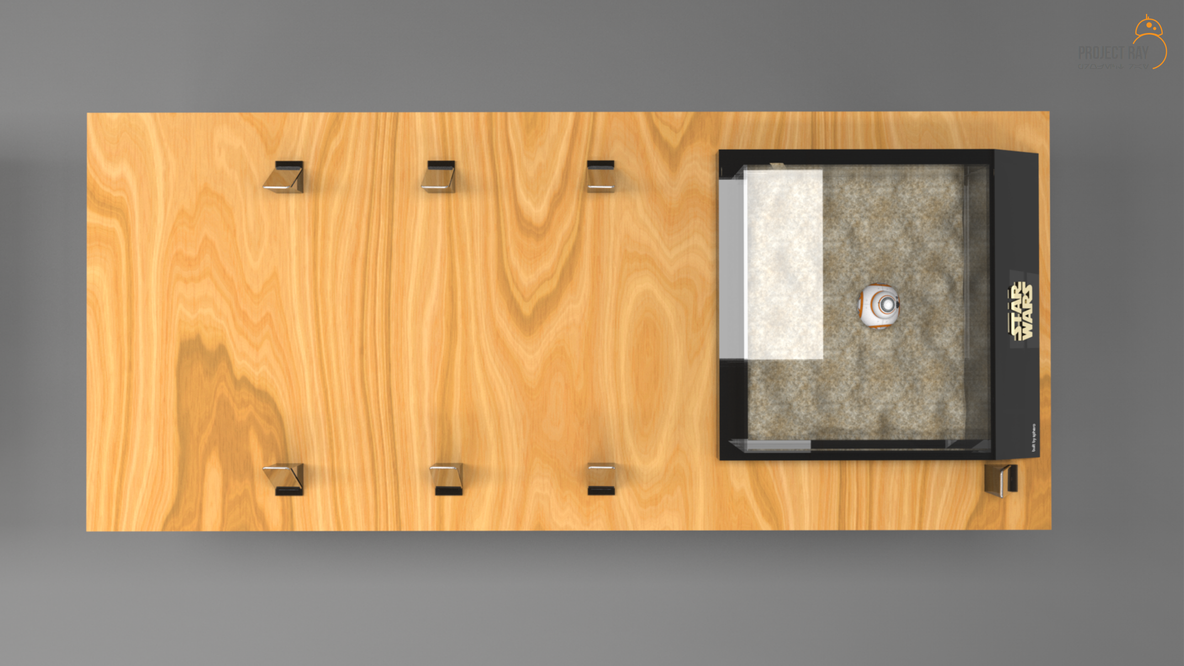 Overhead render of a wood retail table with six metal stands and a black glass Star Wars enclosure holding a BB-8 droid