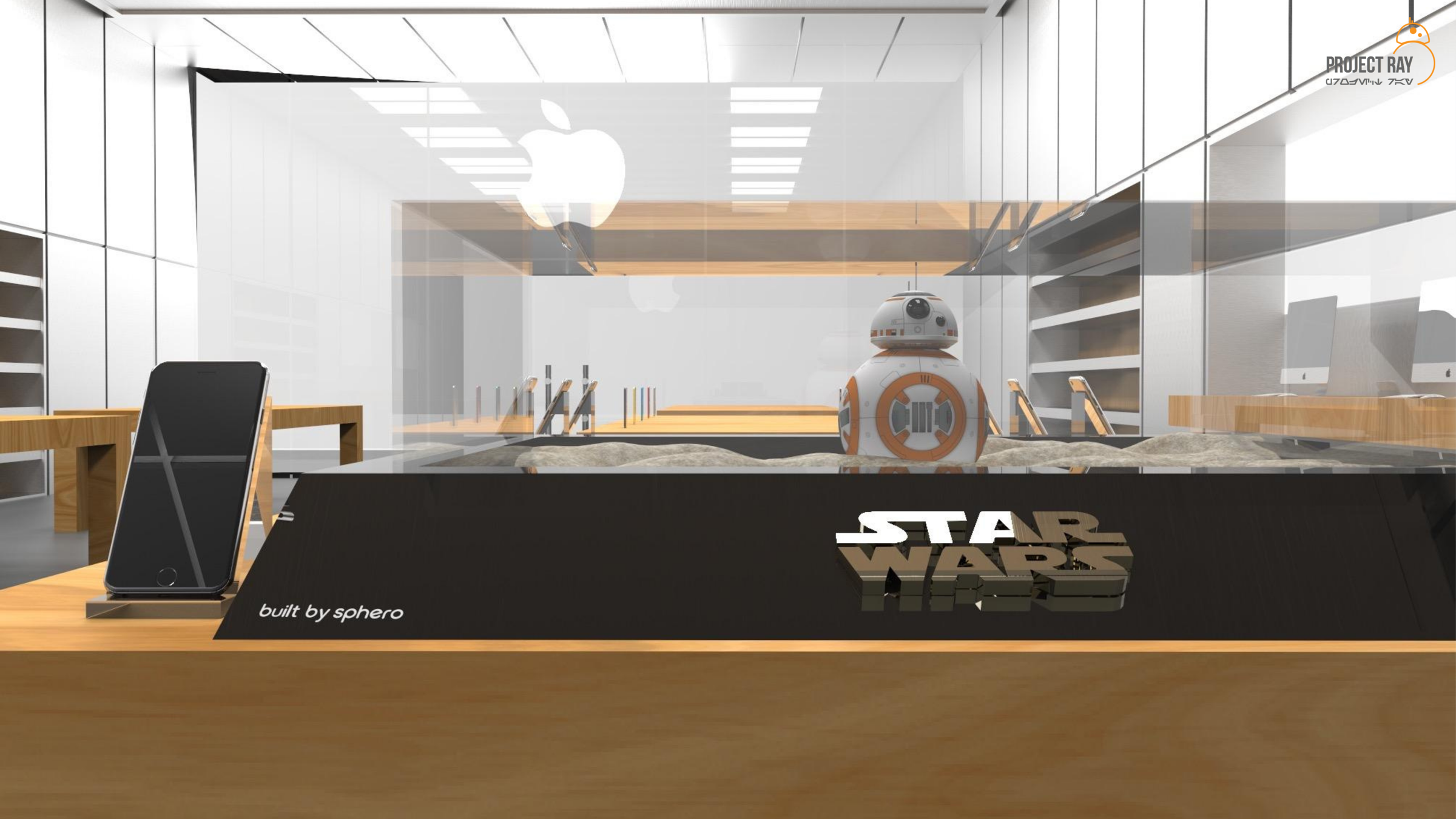 Render of a long black Star Wars display trough with sand and a BB-8 droid, phone on a stand at left, inside an Apple Store