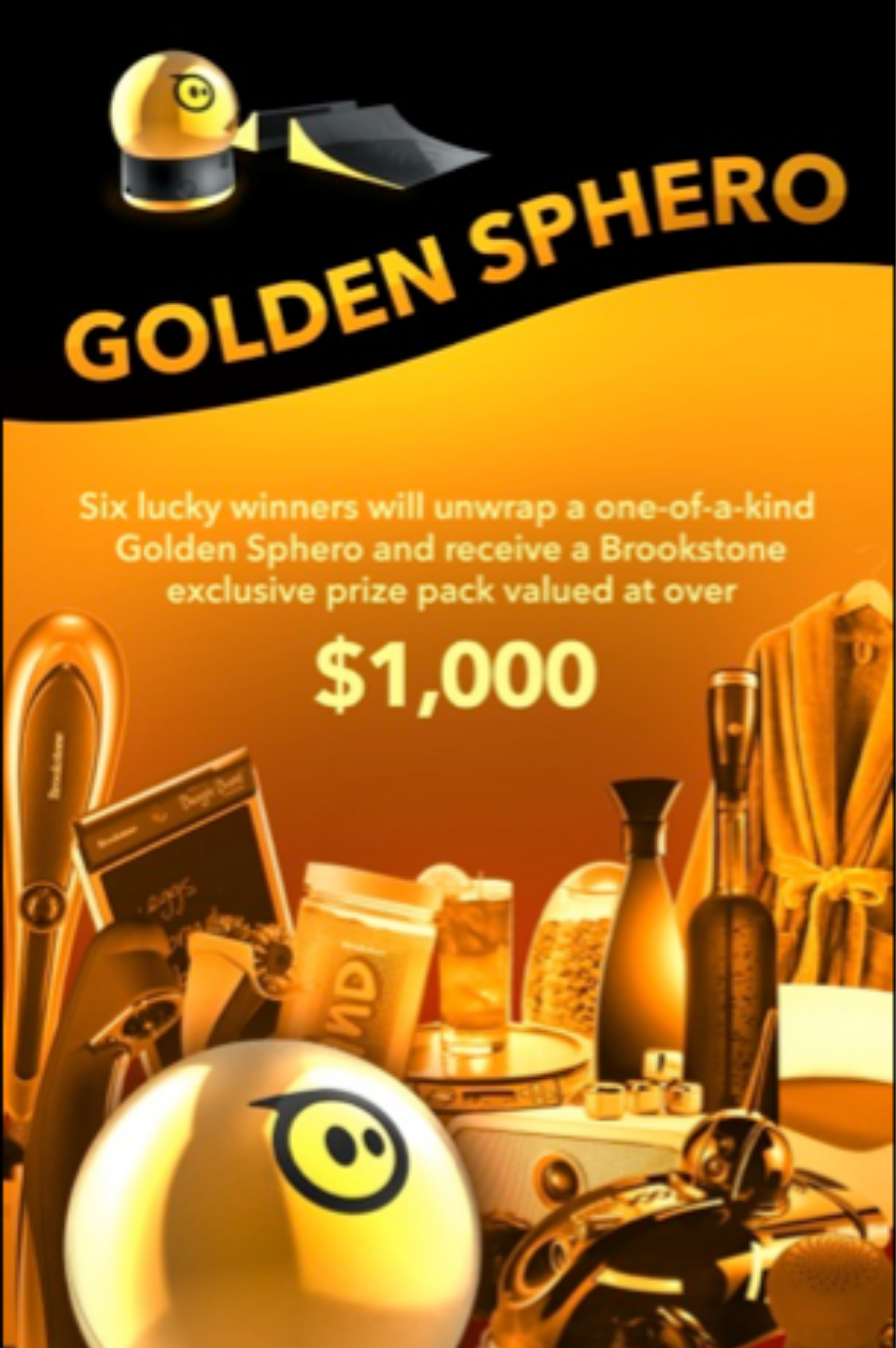 Gold and black Golden Sphero promo poster: gold Sphero ball with ramp, prize-pack products, and $1,000 in large type