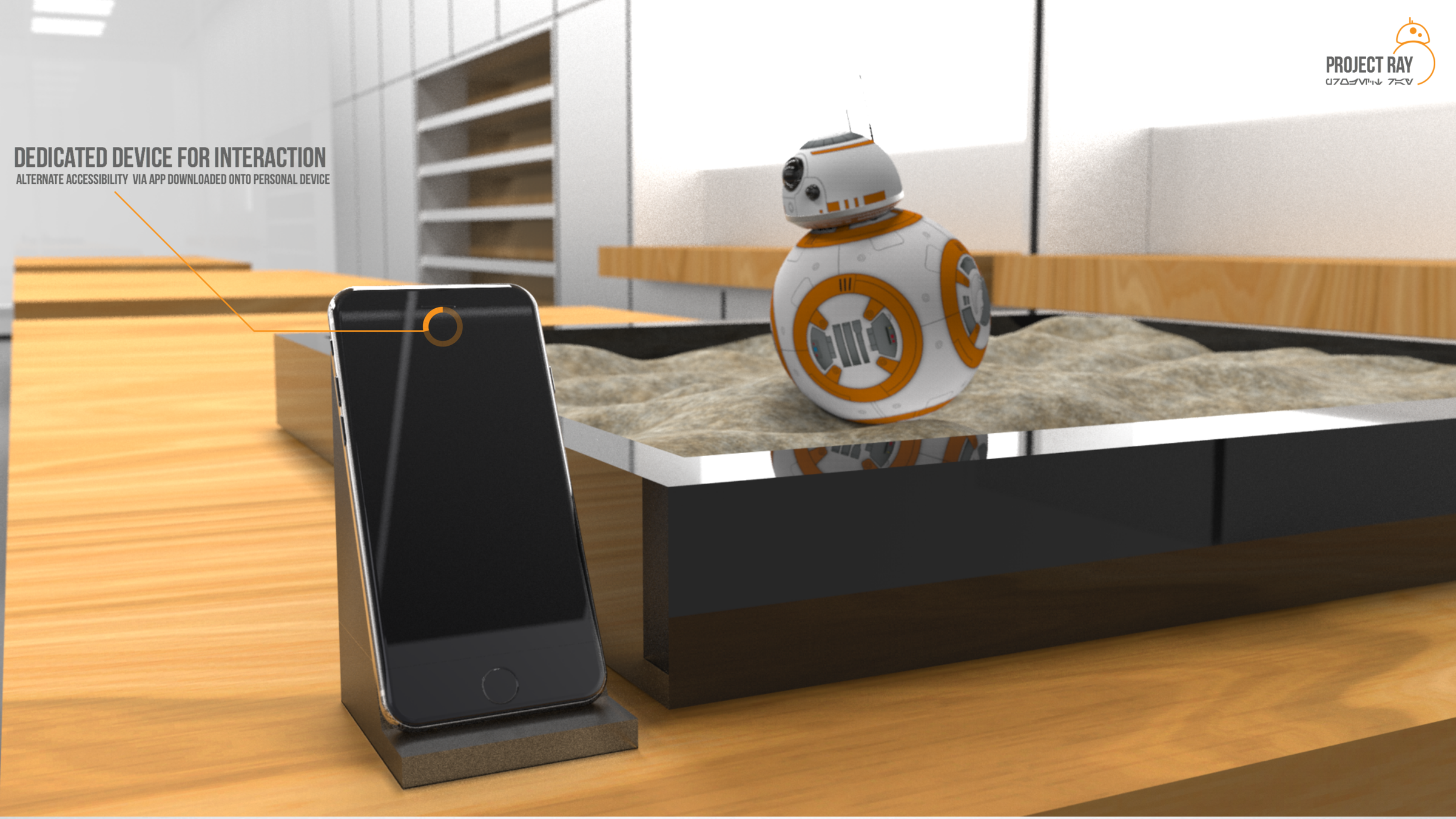 Render of a black sand terrain tray with a BB-8 droid beside a smartphone in a wedge stand on a wood retail table