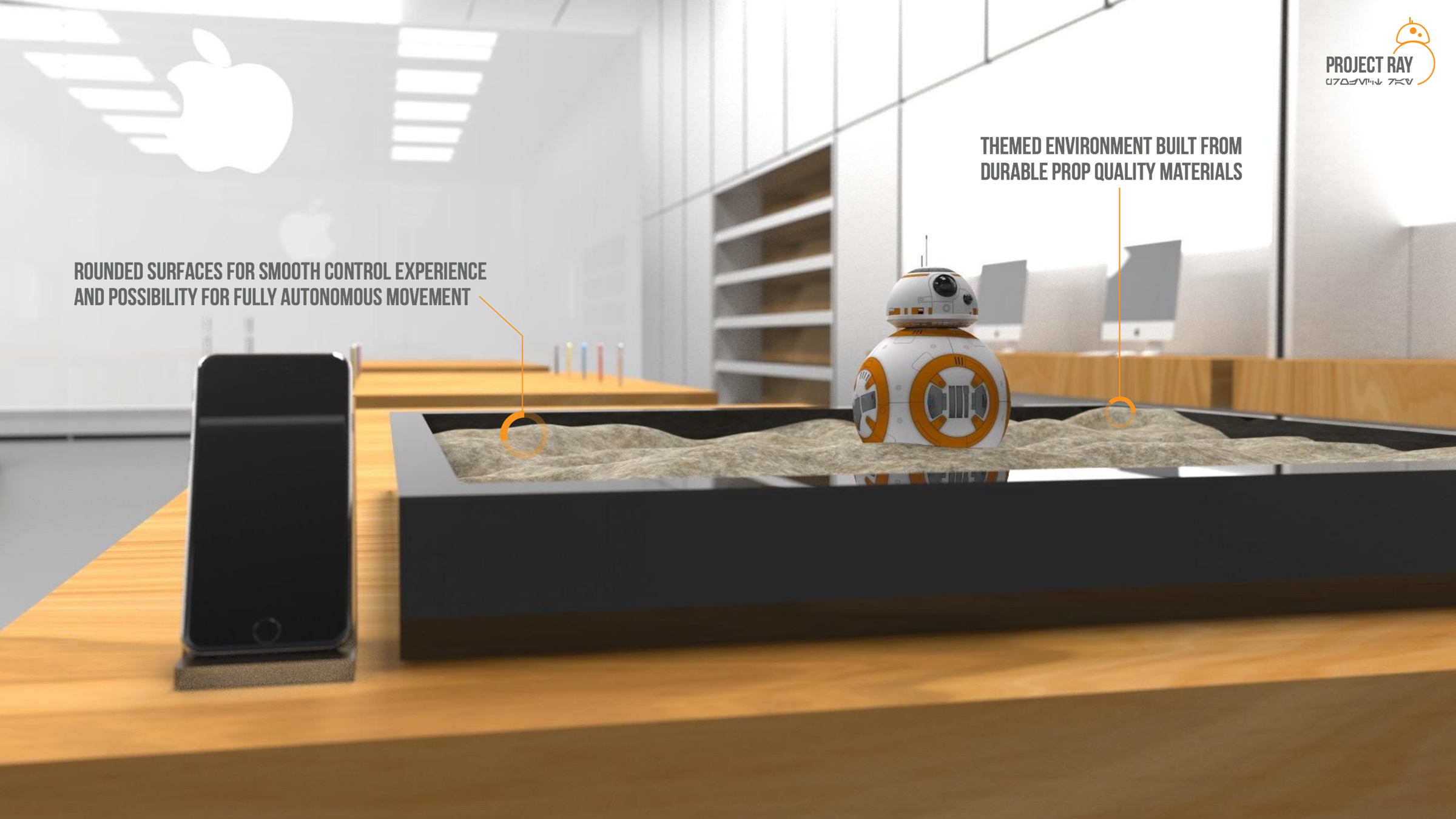Wide render of a black sand-terrain trough with a BB-8 droid and a docked phone on a wood table in an Apple Store interior