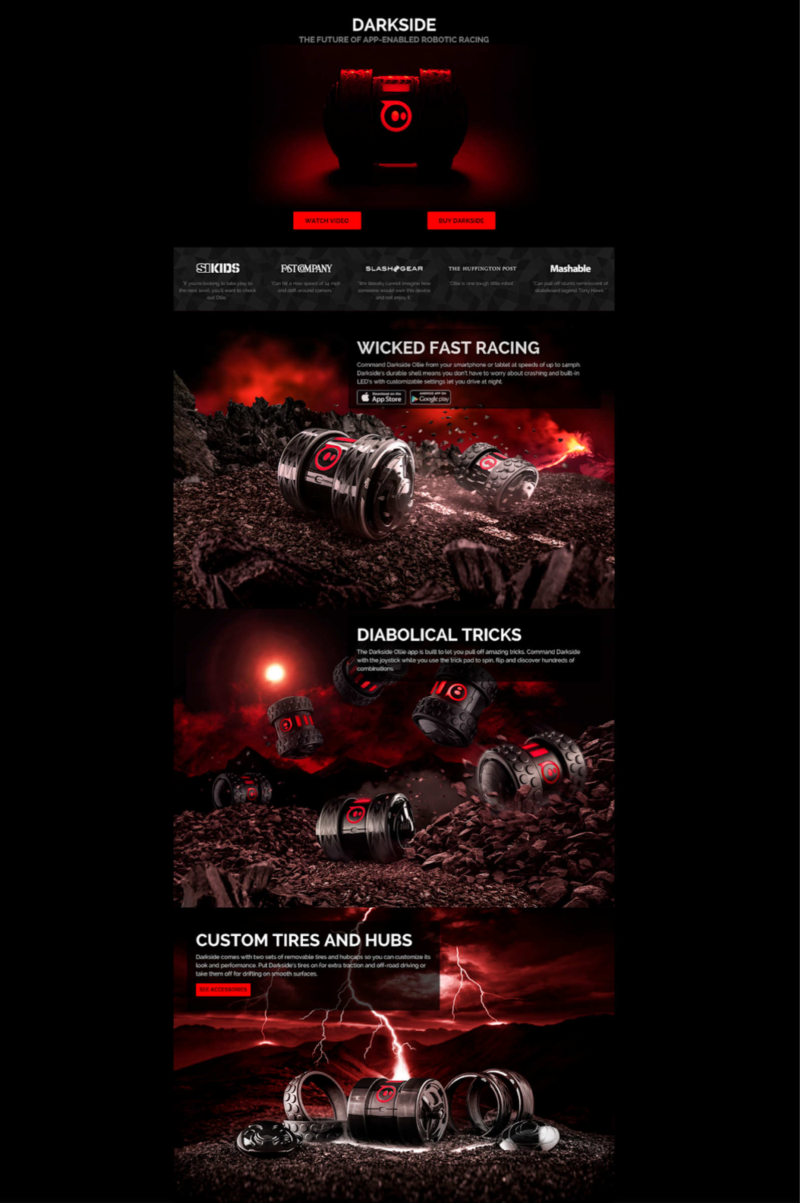Darkside Ollie product landing page: black-and-red robot on volcanic terrain, press quote bar, feature sections