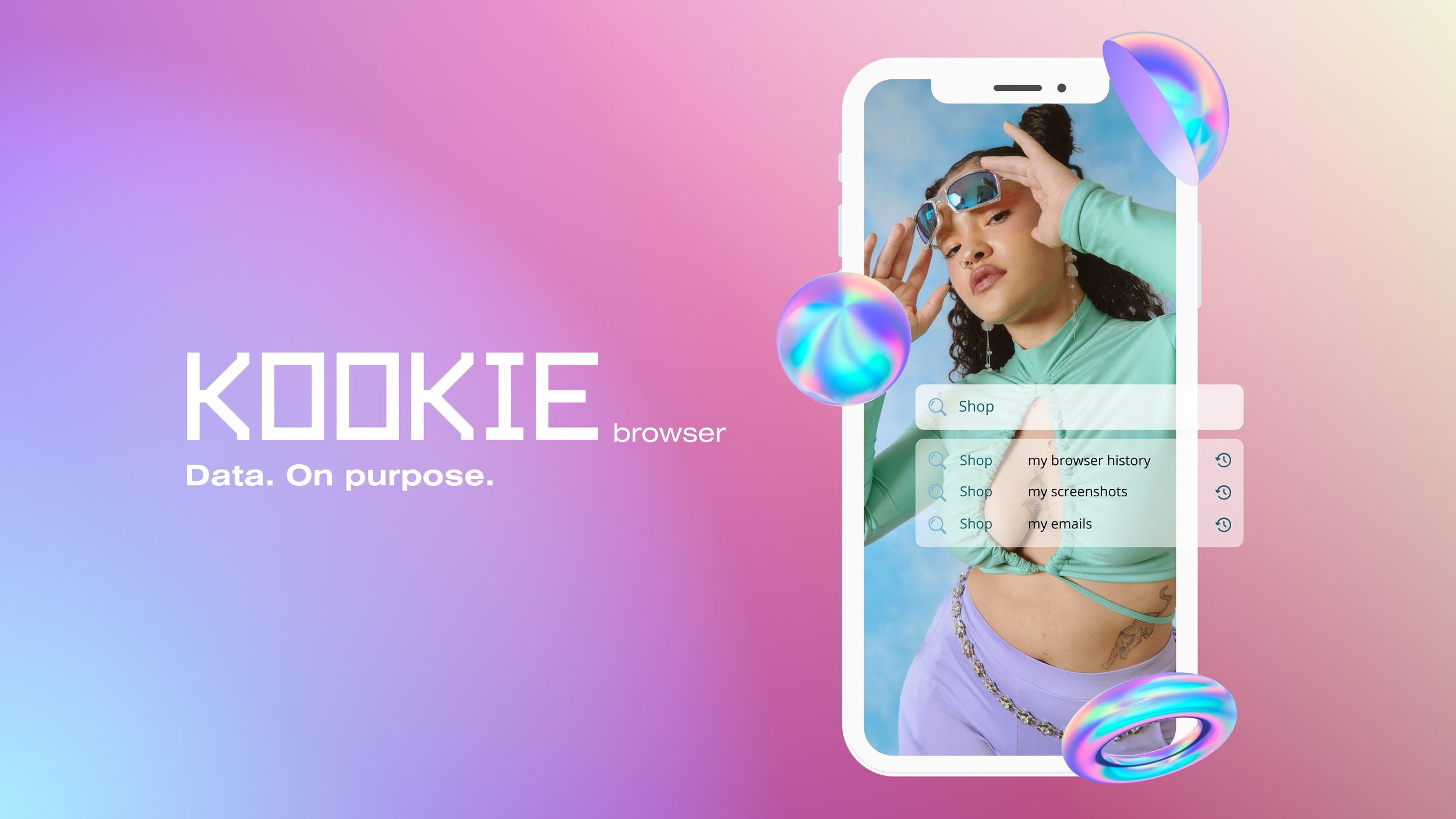 KOOKIE browser cover: 'Data. On purpose.' beside a phone showing Shop my browser history, screenshots and emails