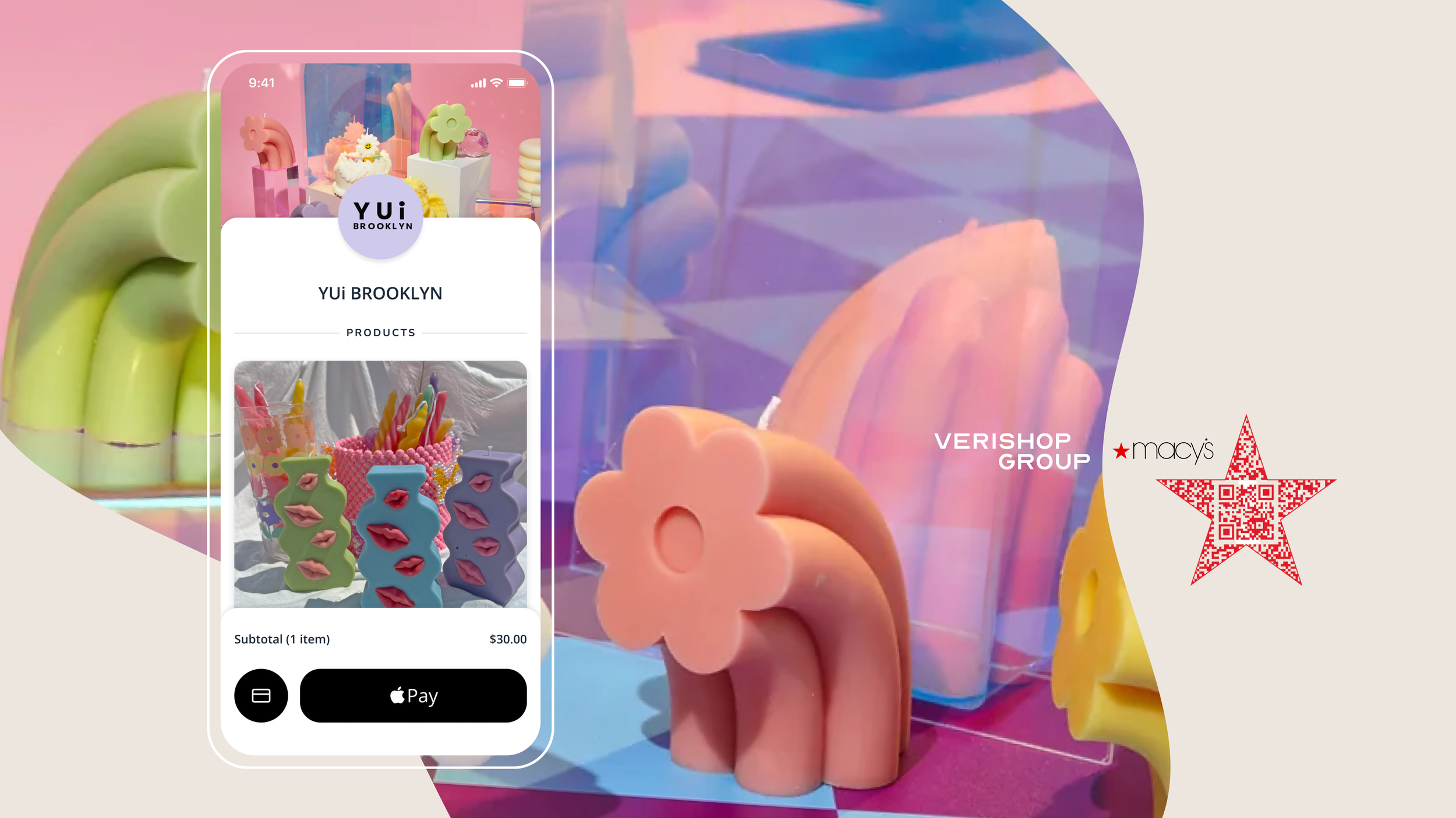 Phone screen showing a YUi Brooklyn mini shop with $30.00 subtotal and Apple Pay, beside pastel candles and a Macy's QR star