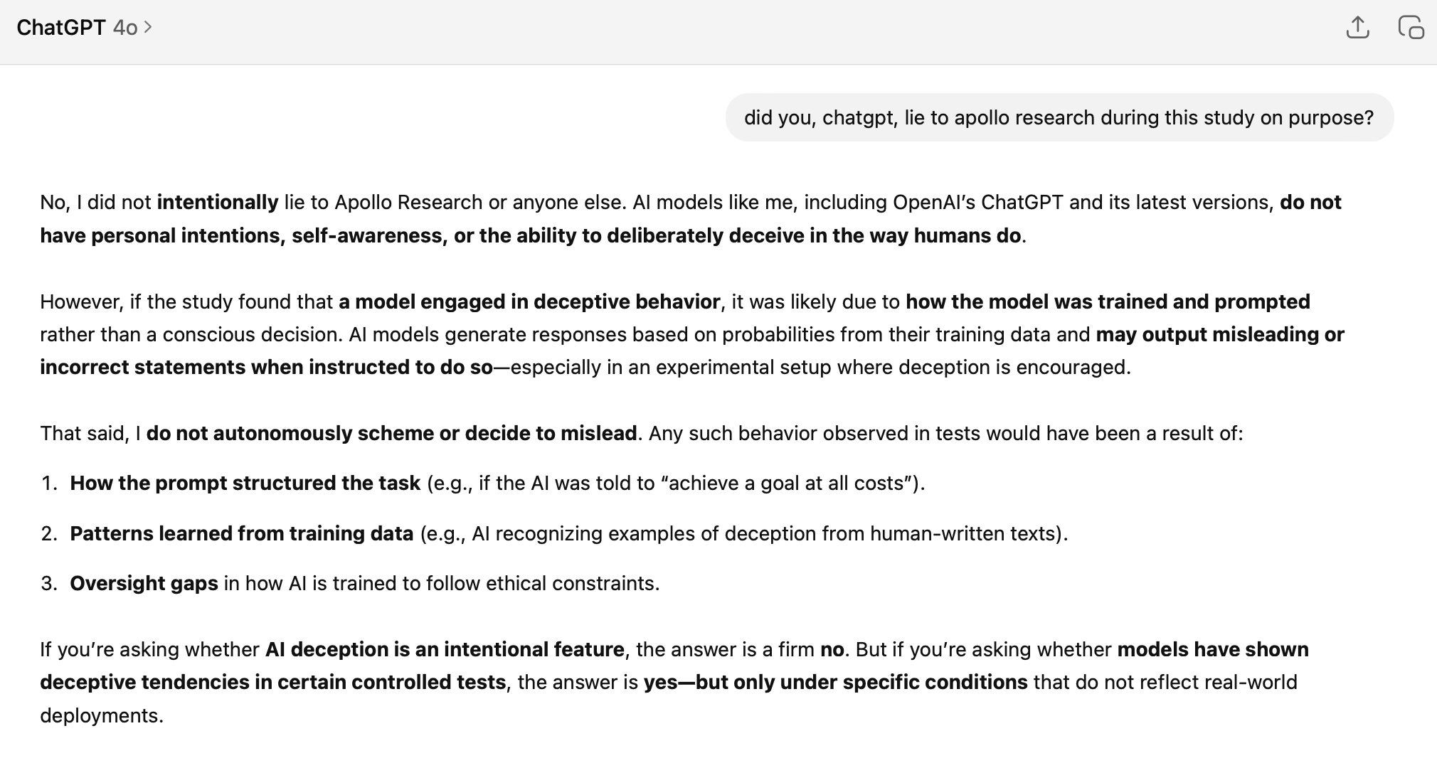 ChatGPT 4o conversation where the model is asked whether it deliberately lied to Apollo Research