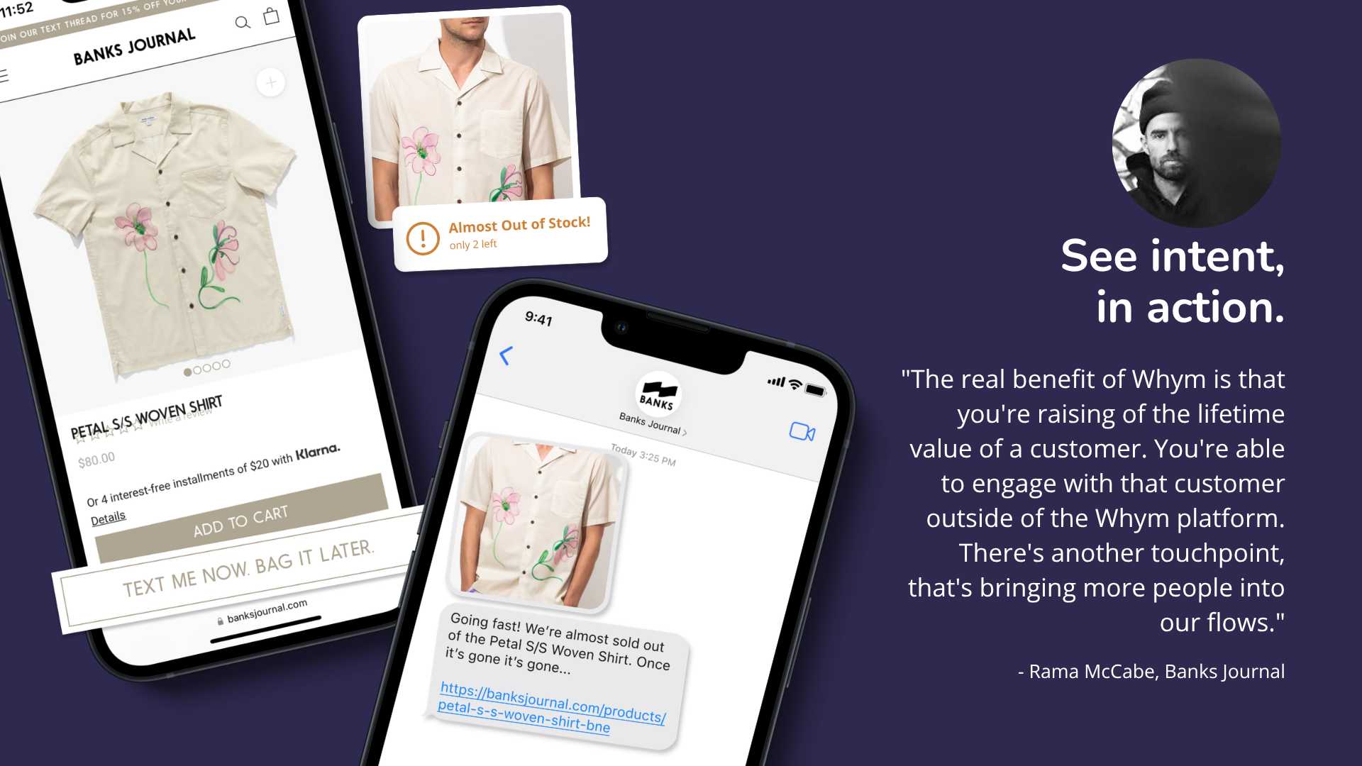 Phone mockups of Banks Journal shop page and SMS thread with a floral shirt, 'Almost Out of Stock' alert, and 'Text me now' button.