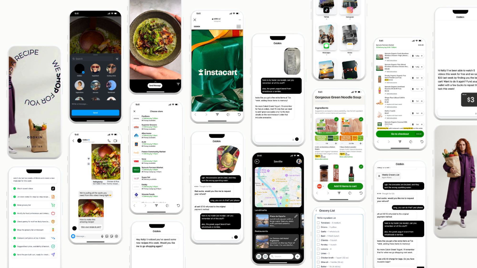 Overview of the Oddkin system: a recipe video arrives as a direct message and a price-compared, dietary-filtered grocery cart is returned, with receipts, refunds and remembered preferences handled in the same chat thread.