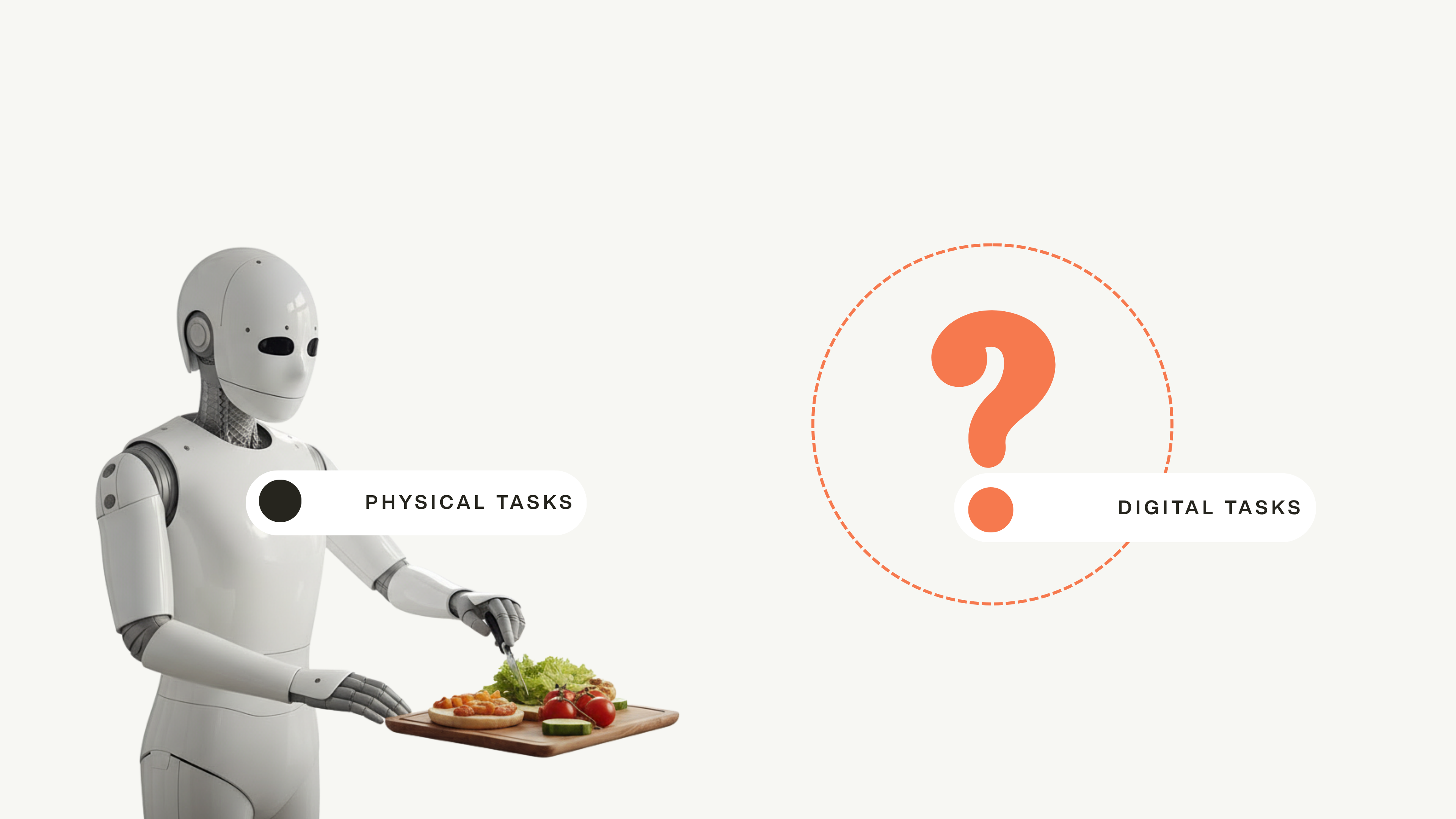 Humanoid robot plating chopped vegetables labelled PHYSICAL TASKS beside an orange question mark labelled DIGITAL TASKS