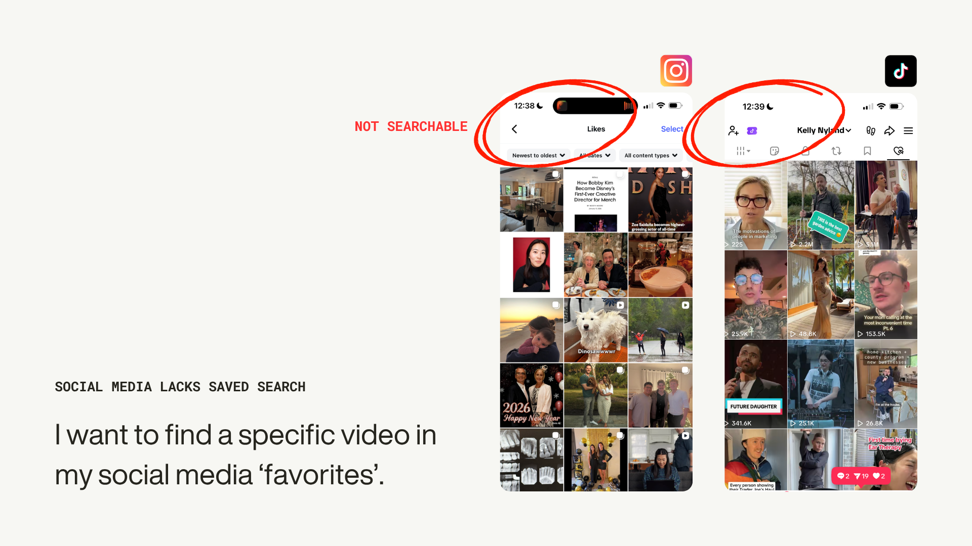 Instagram Likes and TikTok favourites grids circled in red under the label NOT SEARCHABLE