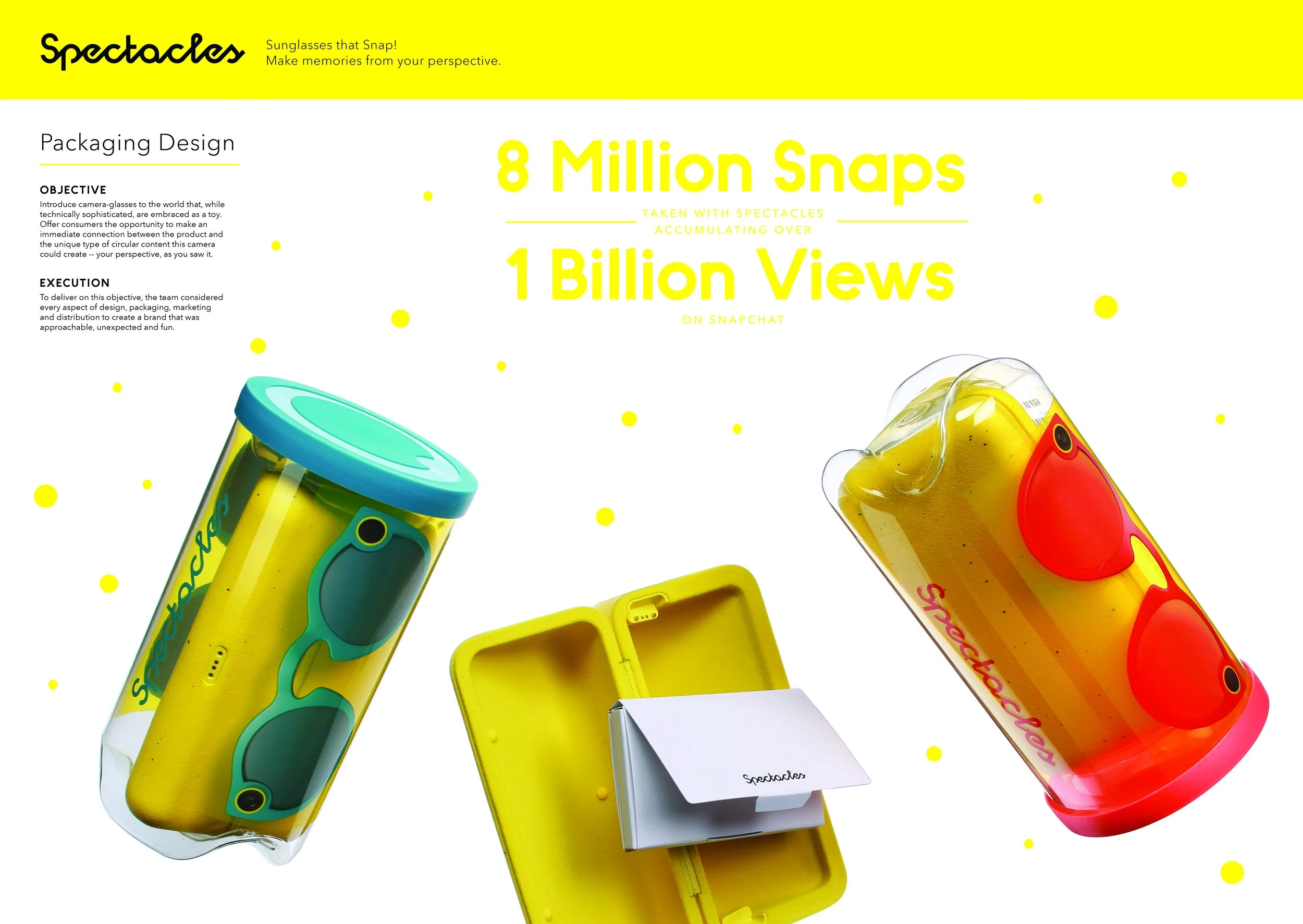 Spectacles packaging-design slide: teal and red camera-glasses inside clear cylindrical canisters with yellow cases and a printed insert.