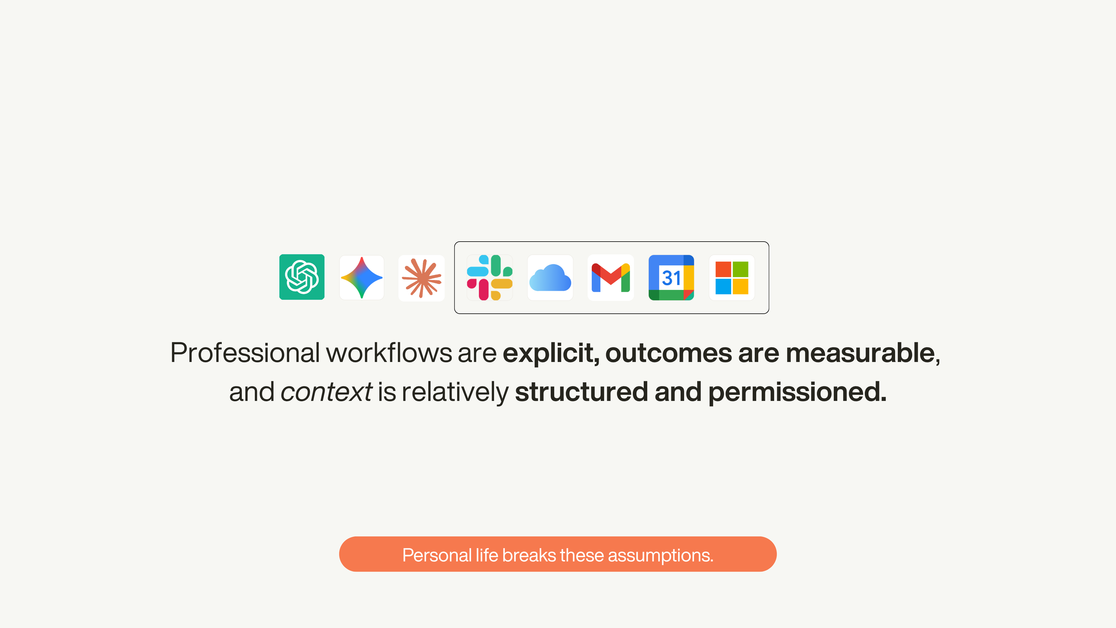 Workplace app icons above a line reading that professional workflows are explicit and context structured and permissioned