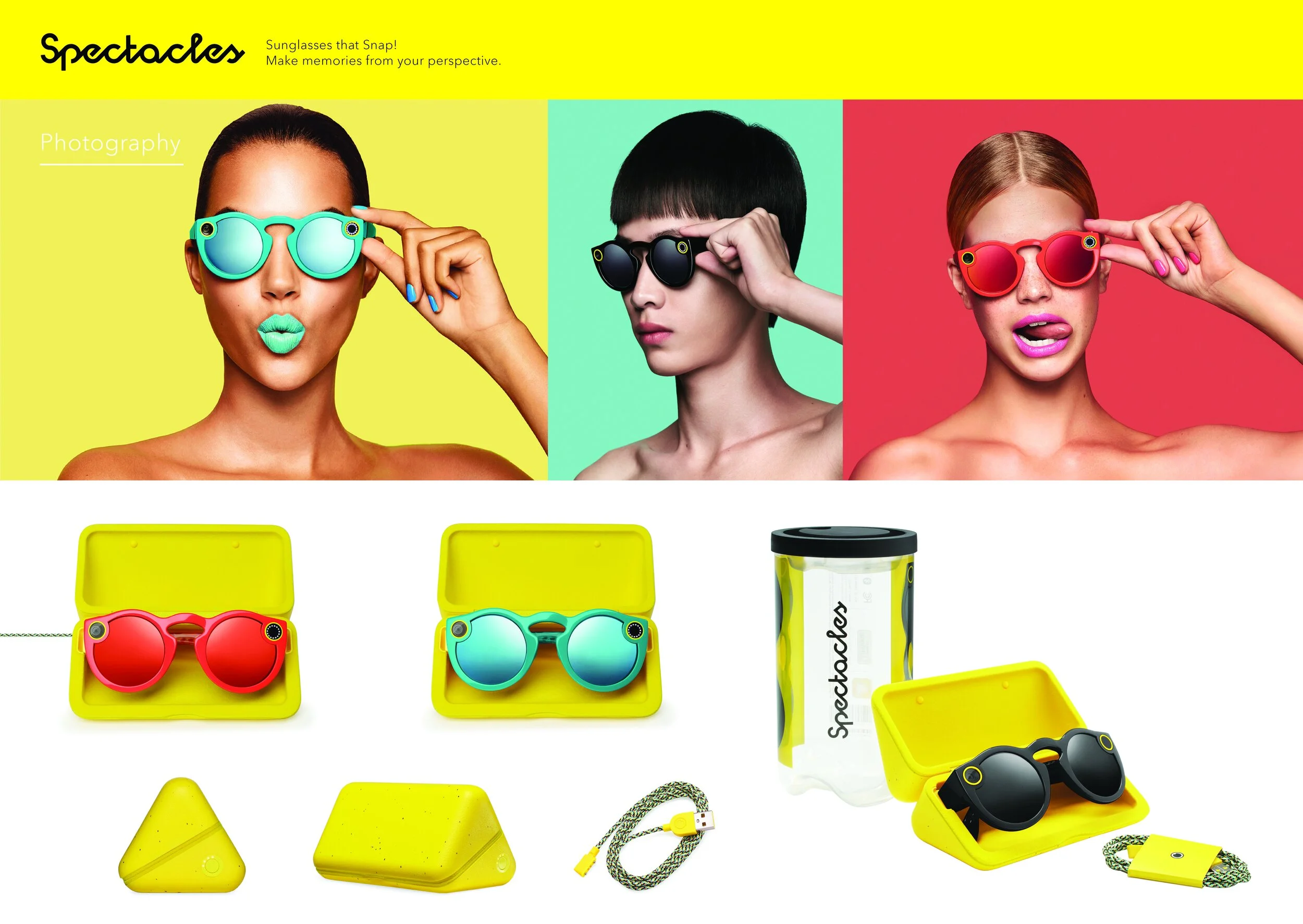 Spectacles photography: three models in teal, black, and red camera-glasses on yellow, mint, and red backgrounds, plus yellow cases and packaging.
