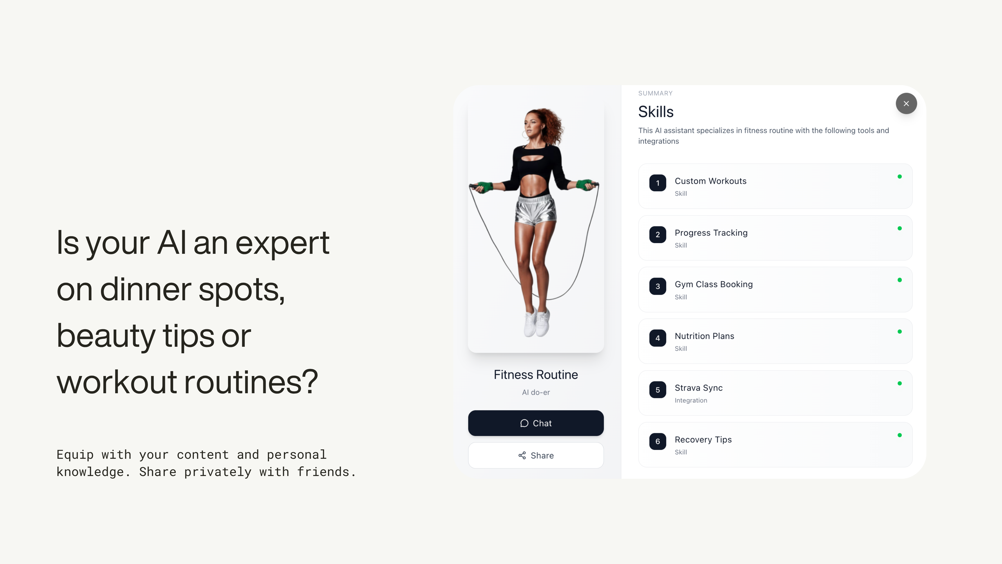 “Is your AI an expert on dinner spots, beauty tips or workout routines?” beside a Fitness Routine agent card and skills list