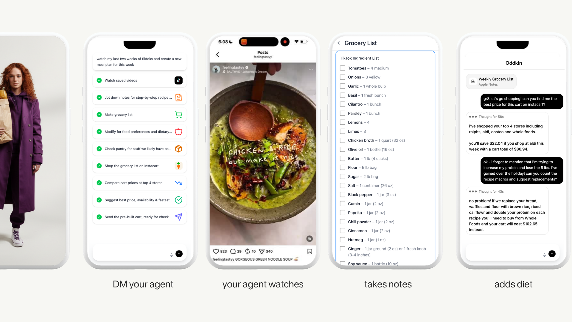 Four phone screens labelled DM your agent, your agent watches, takes notes and adds diet, with a TikTok ingredient list