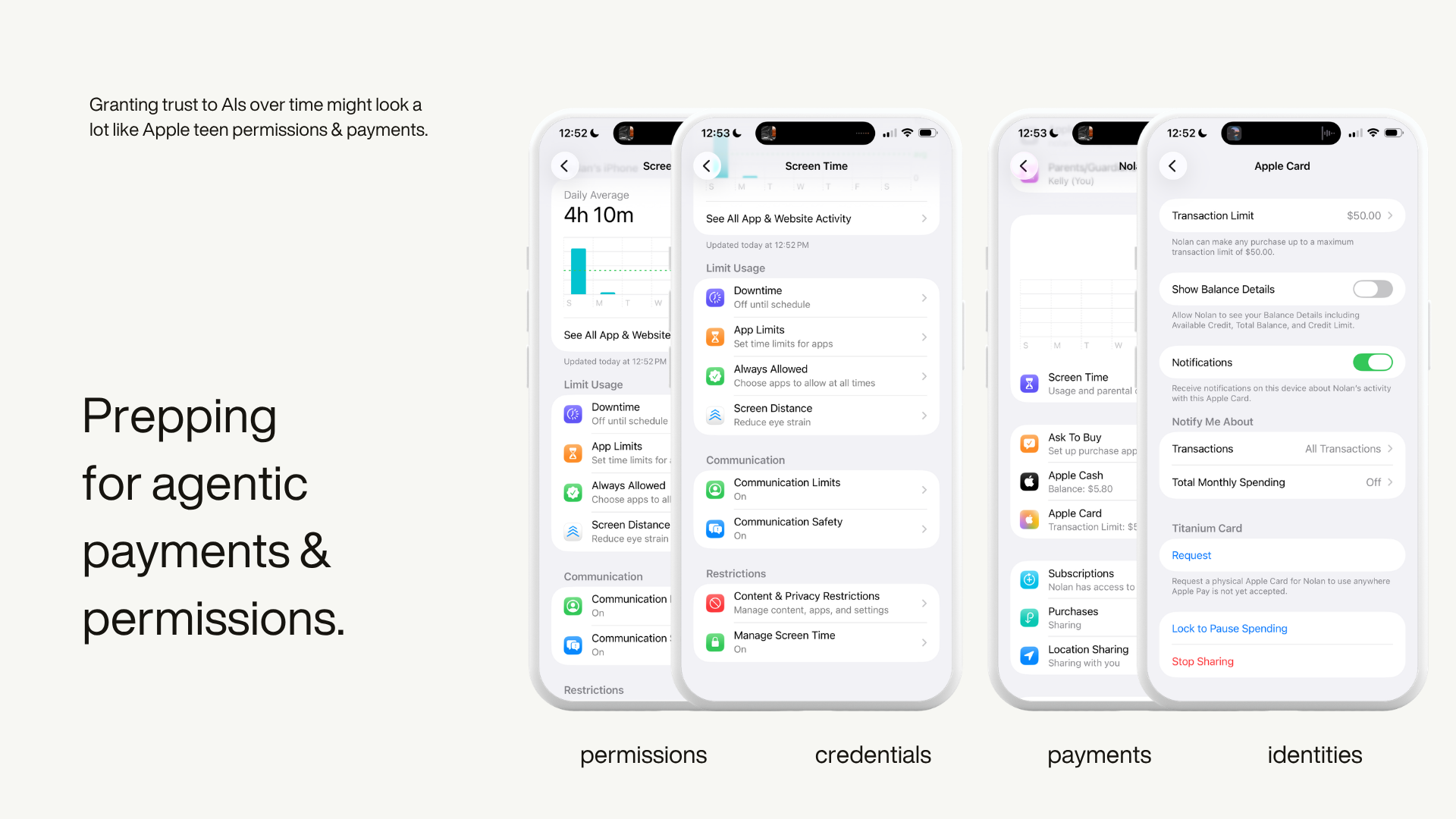 Four iOS Screen Time and Apple Card settings screens labelled permissions, credentials, payments and identities