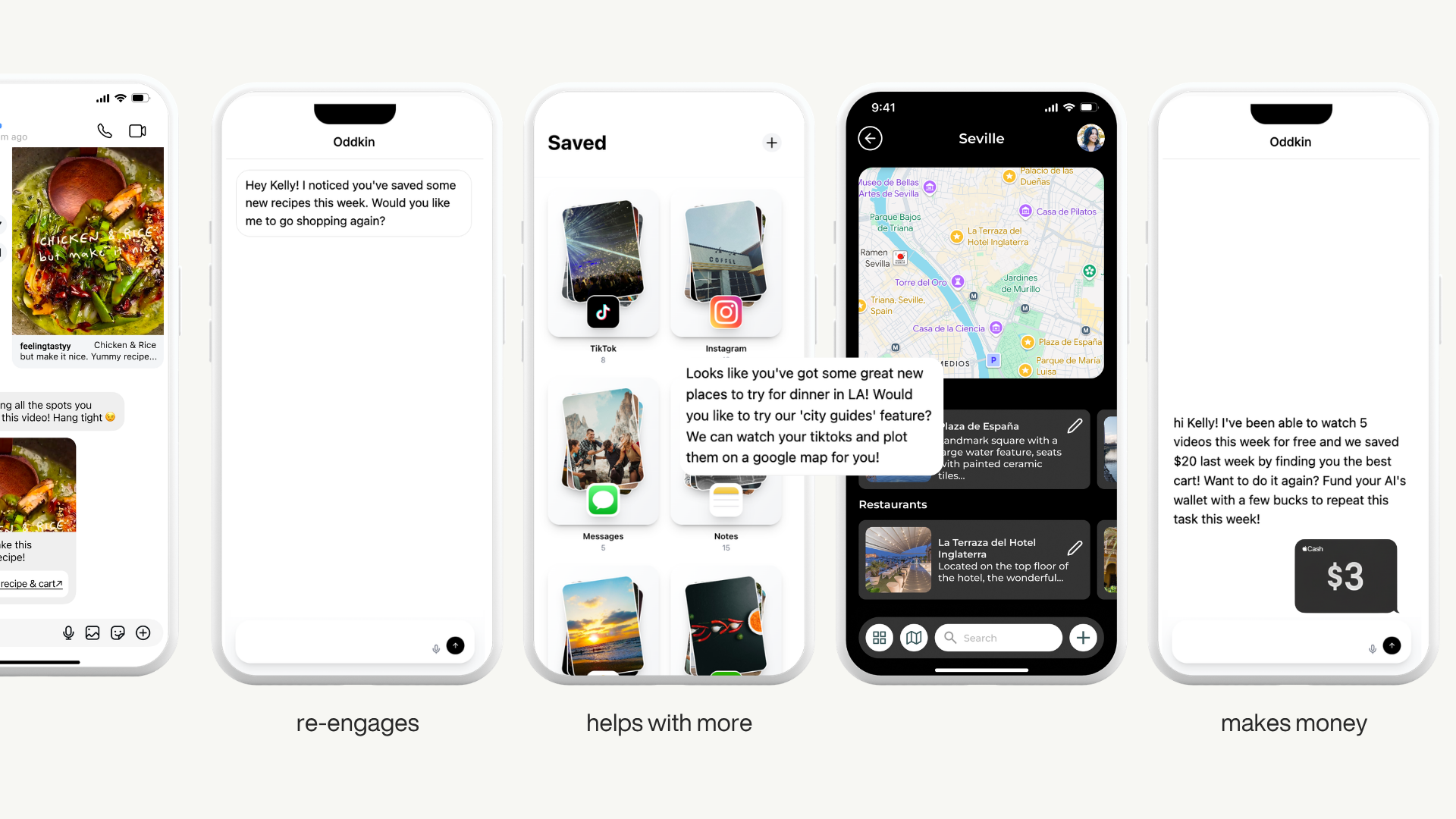 Four phone screens labelled re-engages, helps with more and makes money, with a Seville city map and a $3 wallet
