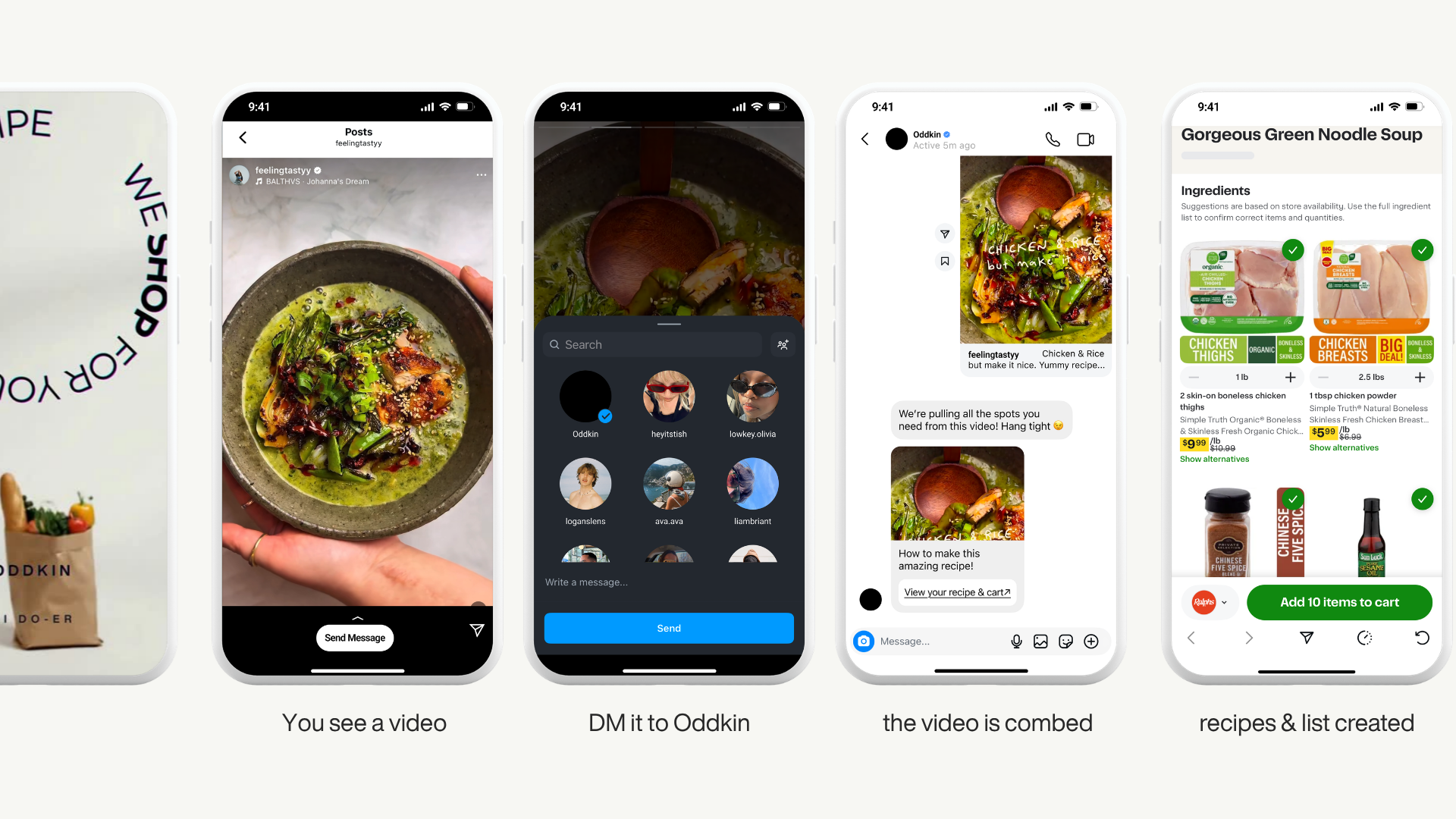 Five phone screens labelled You see a video, DM it to Oddkin, the video is combed and recipes & list created