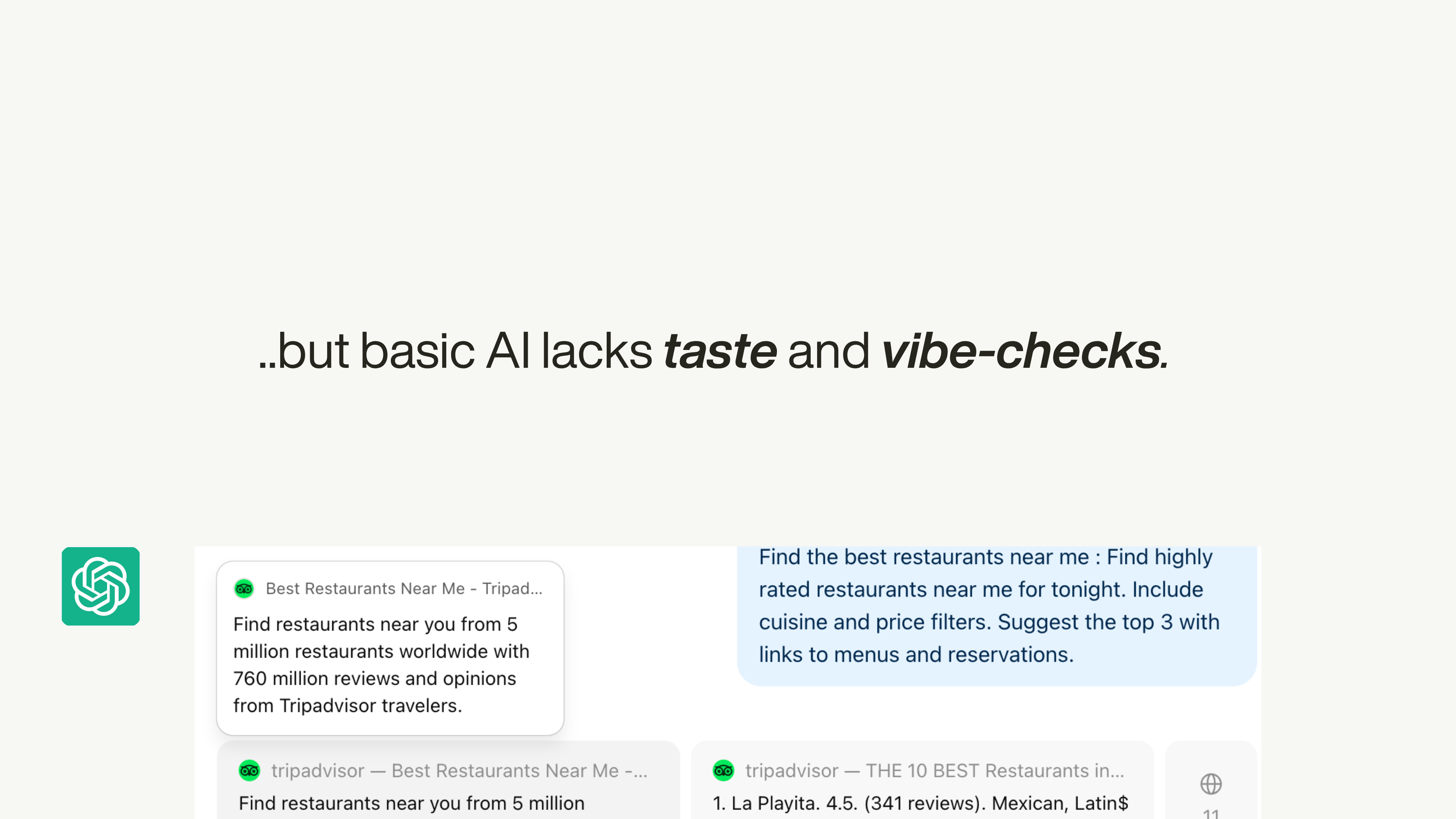 “..but basic AI lacks taste and vibe-checks.” above a ChatGPT restaurant thread citing Tripadvisor