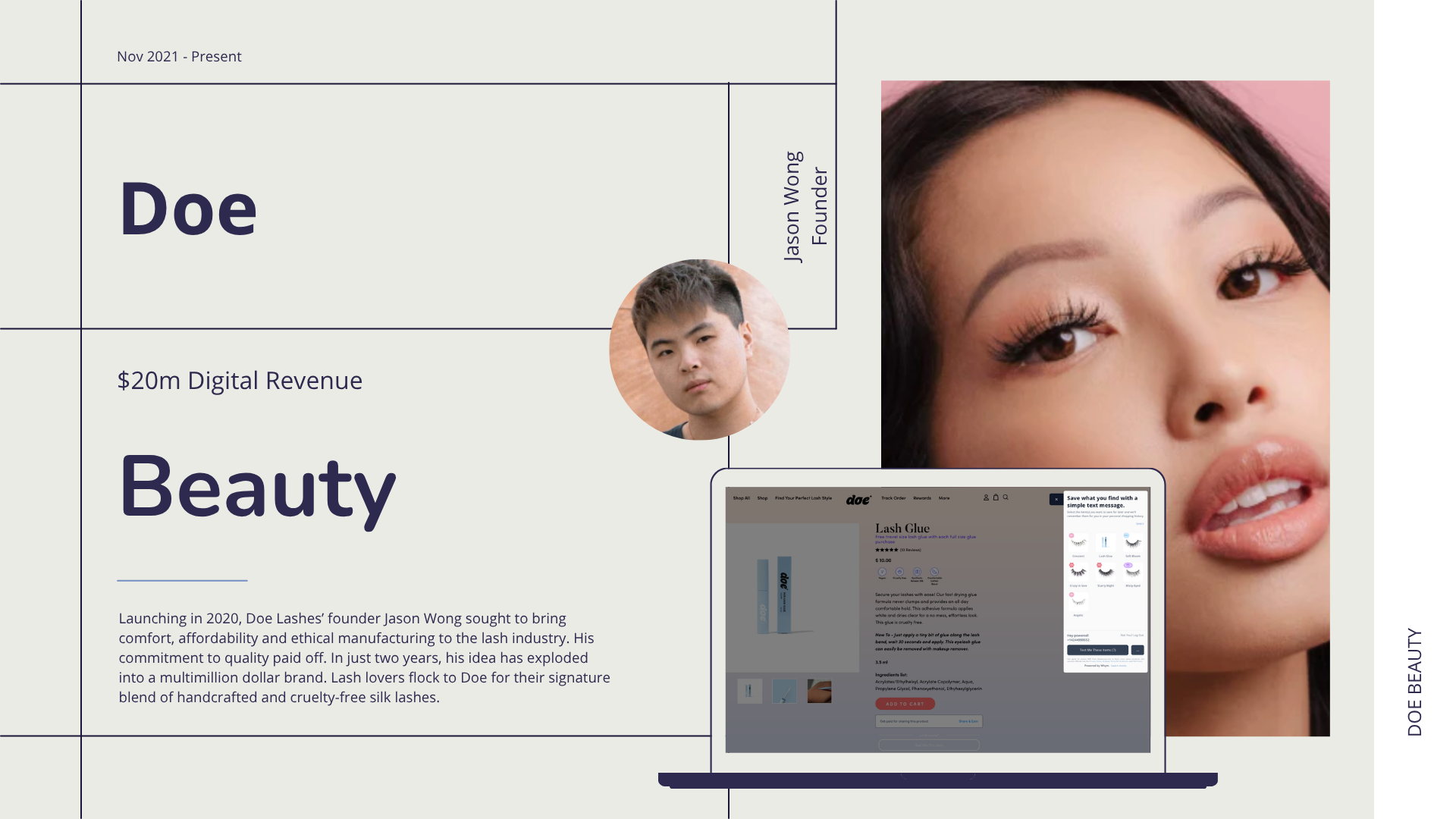 Doe slide: lash brand, $20m digital revenue, founder headshot, close-up of eye with false lashes, and lash-glue storefront with save-by-text panel.