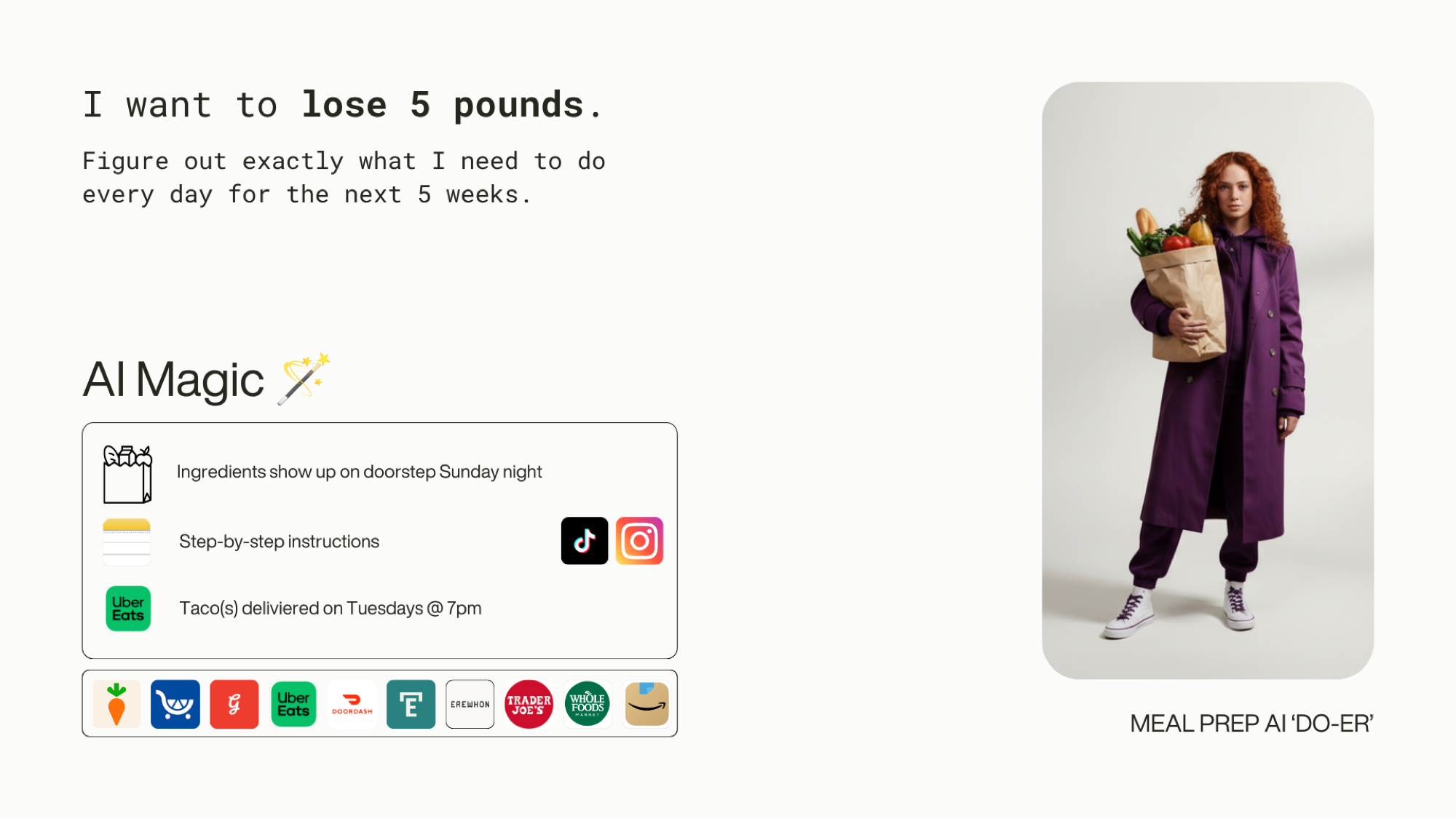 A goal-level instruction — 'I want to lose 5 pounds, figure out exactly what I need to do every day for the next 5 weeks' — resolving into ingredients delivered Sunday night, step-by-step instructions and tacos delivered Tuesday at 7pm, above a row of ten fulfilment providers including Instacart, Uber Eats, DoorDash, Erewhon, Trader Joe's, Whole Foods and Amazon.
