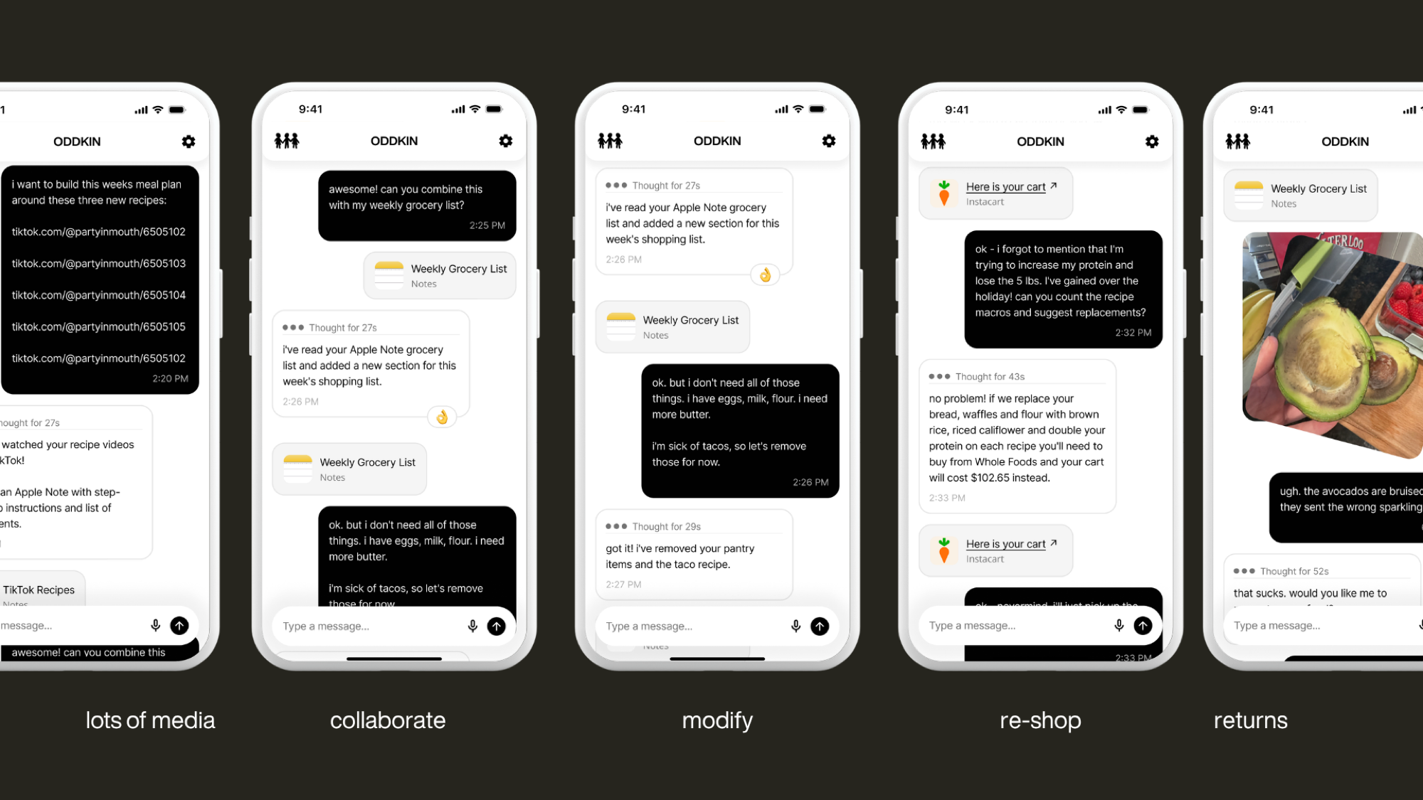 Five Oddkin chat screens showing three TikTok recipe links being combined with an existing weekly grocery list into a single cart.