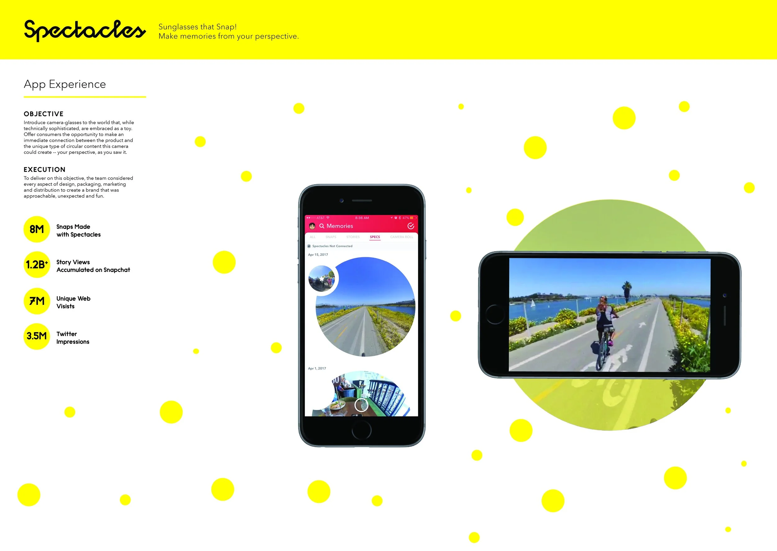 Spectacles app-experience slide: two phones showing the Snapchat Memories screen with circular Spectacles video of a cyclist on a bike path.