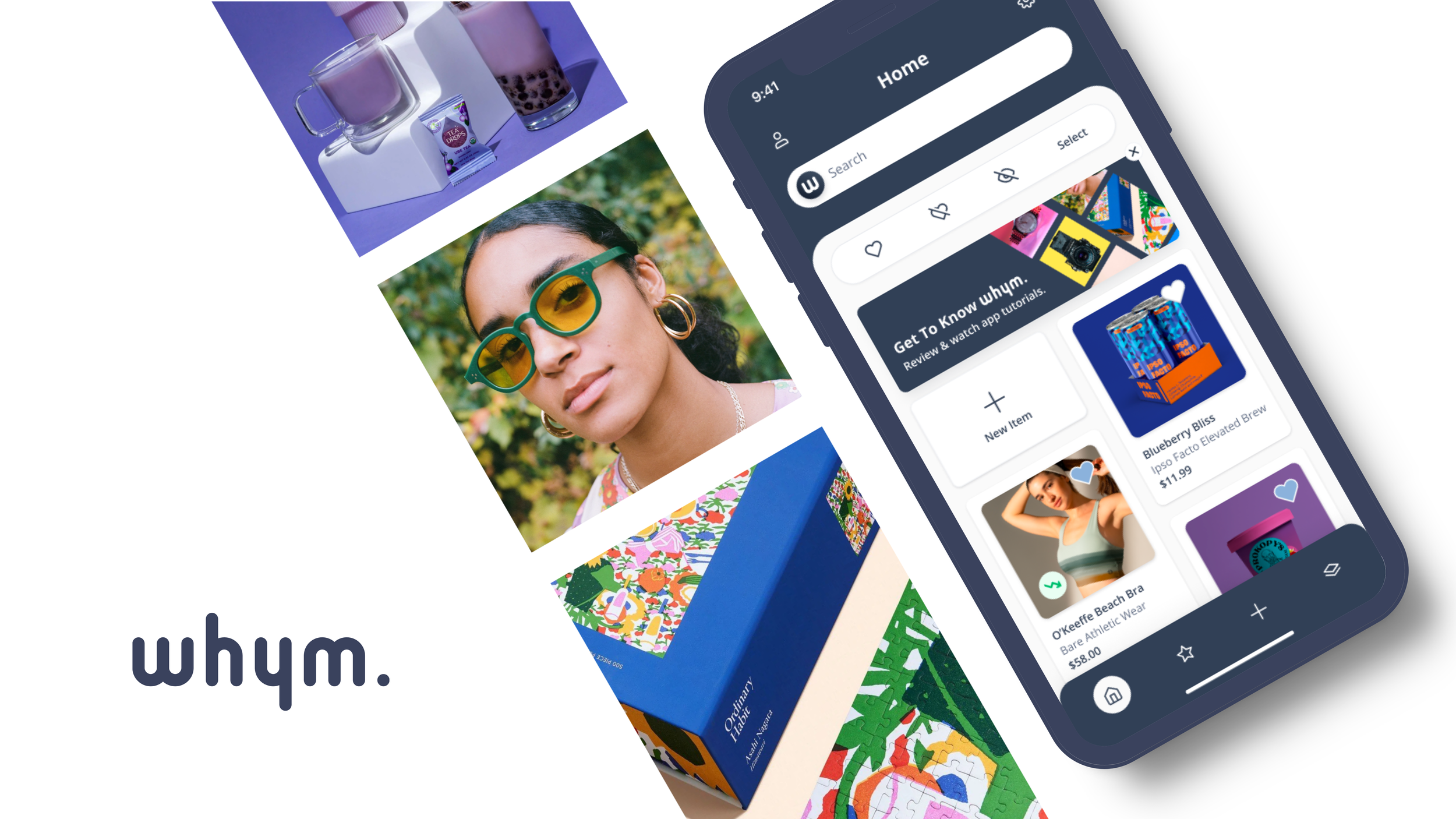 Whym app Home screen on a phone beside lifestyle photos of tea, sunglasses and a puzzle box; "whym." logo at left