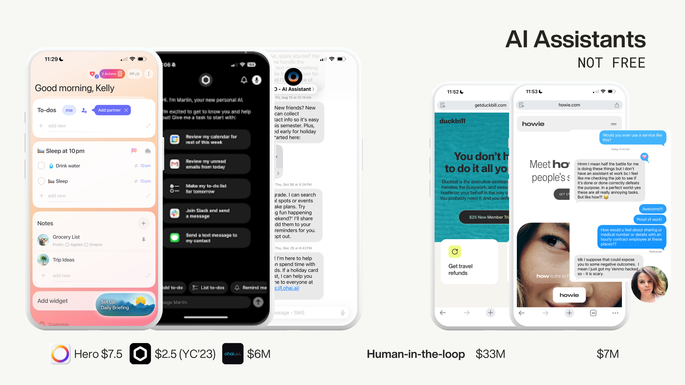 Slide headed “AI Assistants NOT FREE” showing assistant app screenshots with funding amounts and a user's objections