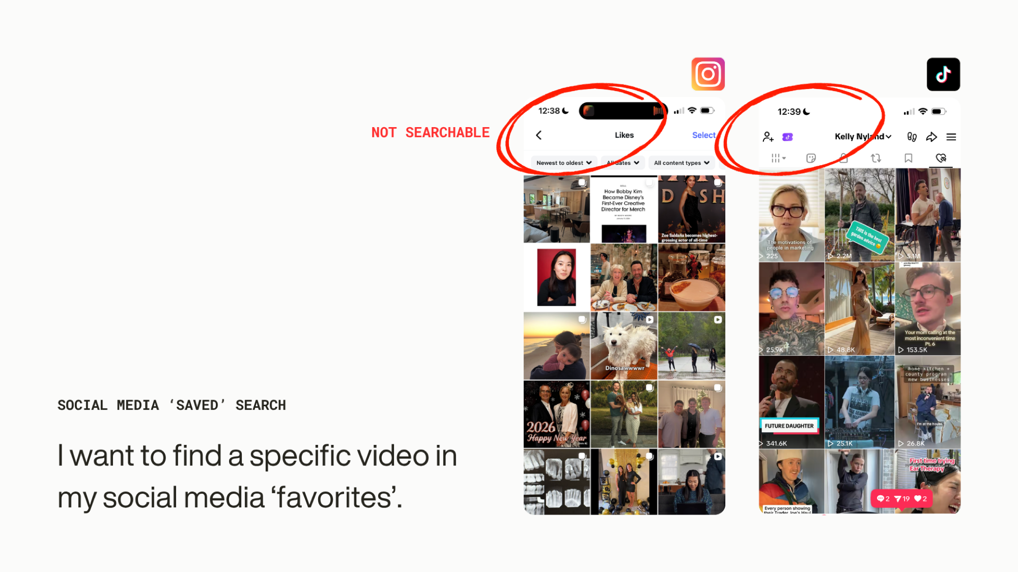 Instagram Likes and TikTok saved videos side by side, both circled in red and labelled NOT SEARCHABLE. Hundreds of saved recipe videos with no way to search or retrieve them.