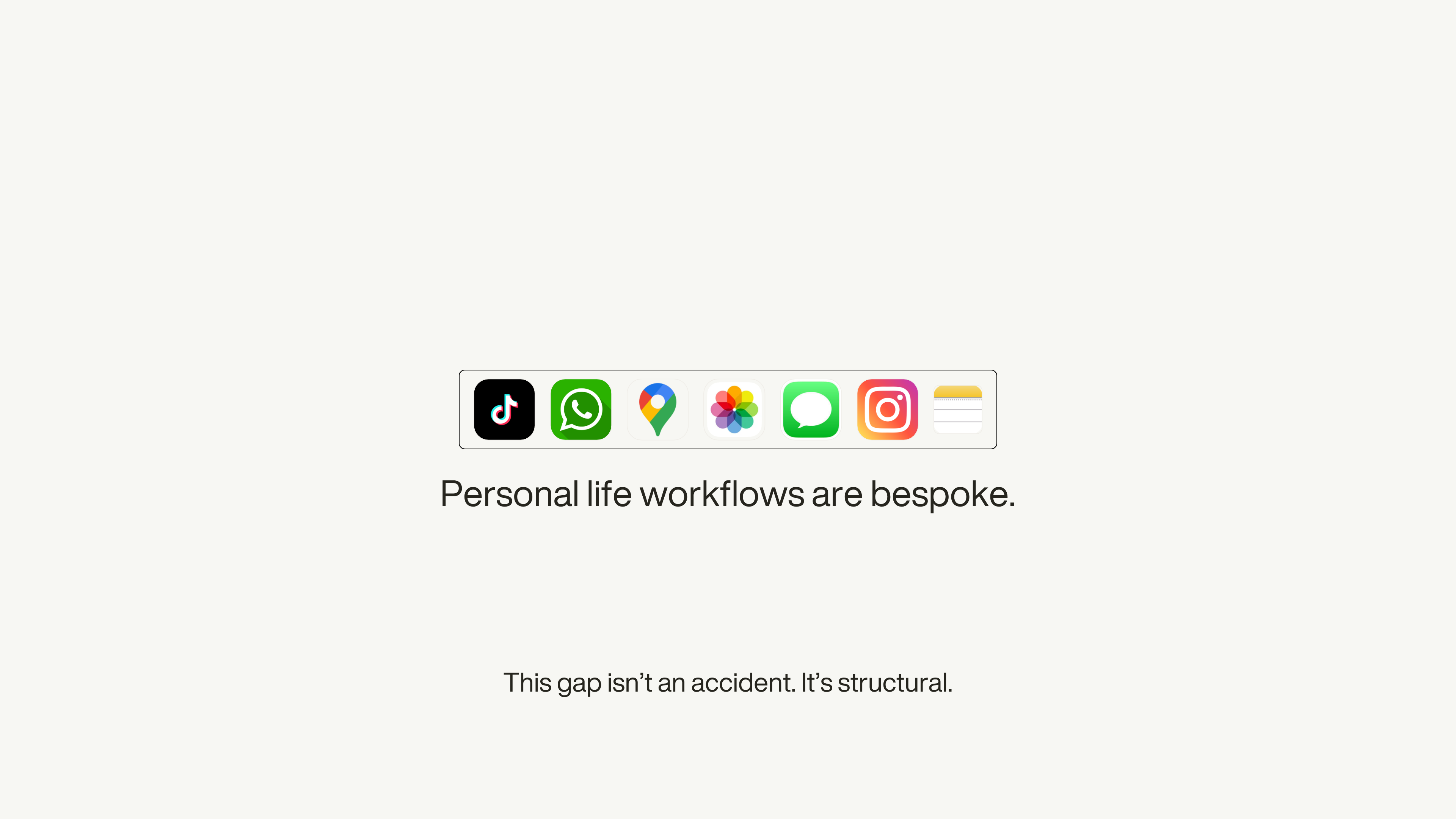 Personal app icons above “Personal life workflows are bespoke.” and “This gap isn't an accident. It's structural.”