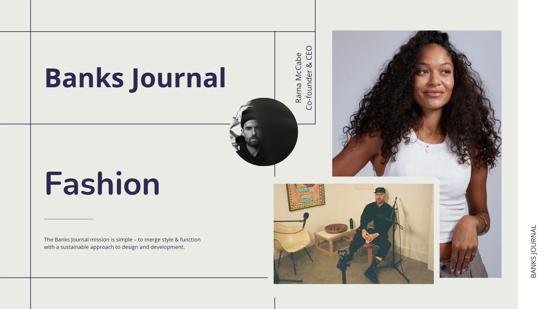 Banks Journal case study slide with two founder photos, a model in a white top, and the brand's sustainable style-and-function mission text