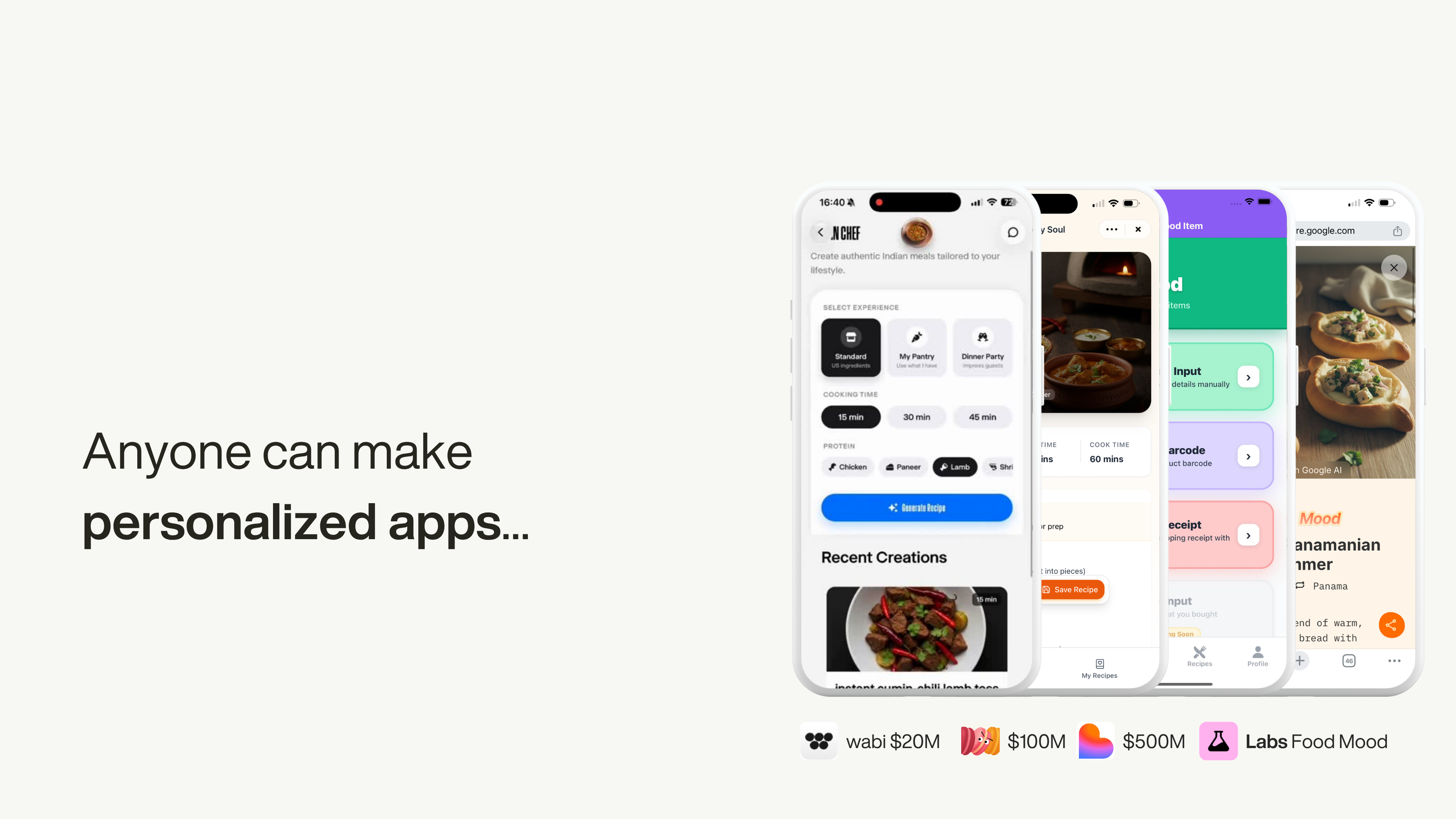 Slide reading “Anyone can make personalized apps…” beside four AI-built recipe app screens and a row of funding figures