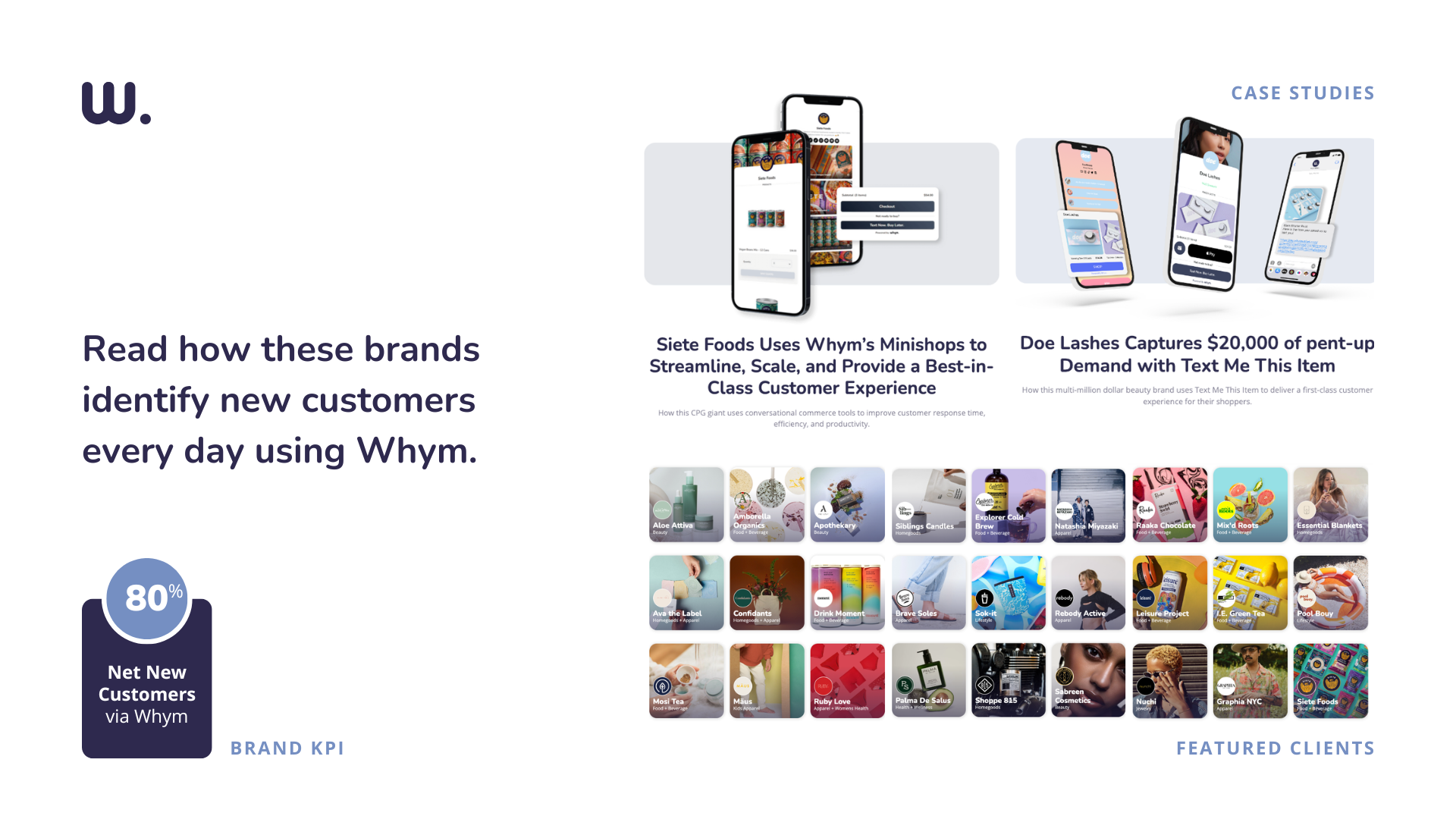 Whym case studies slide: phone mockups of Siete Foods and Doe Lashes minishops above a grid of featured client brand tiles