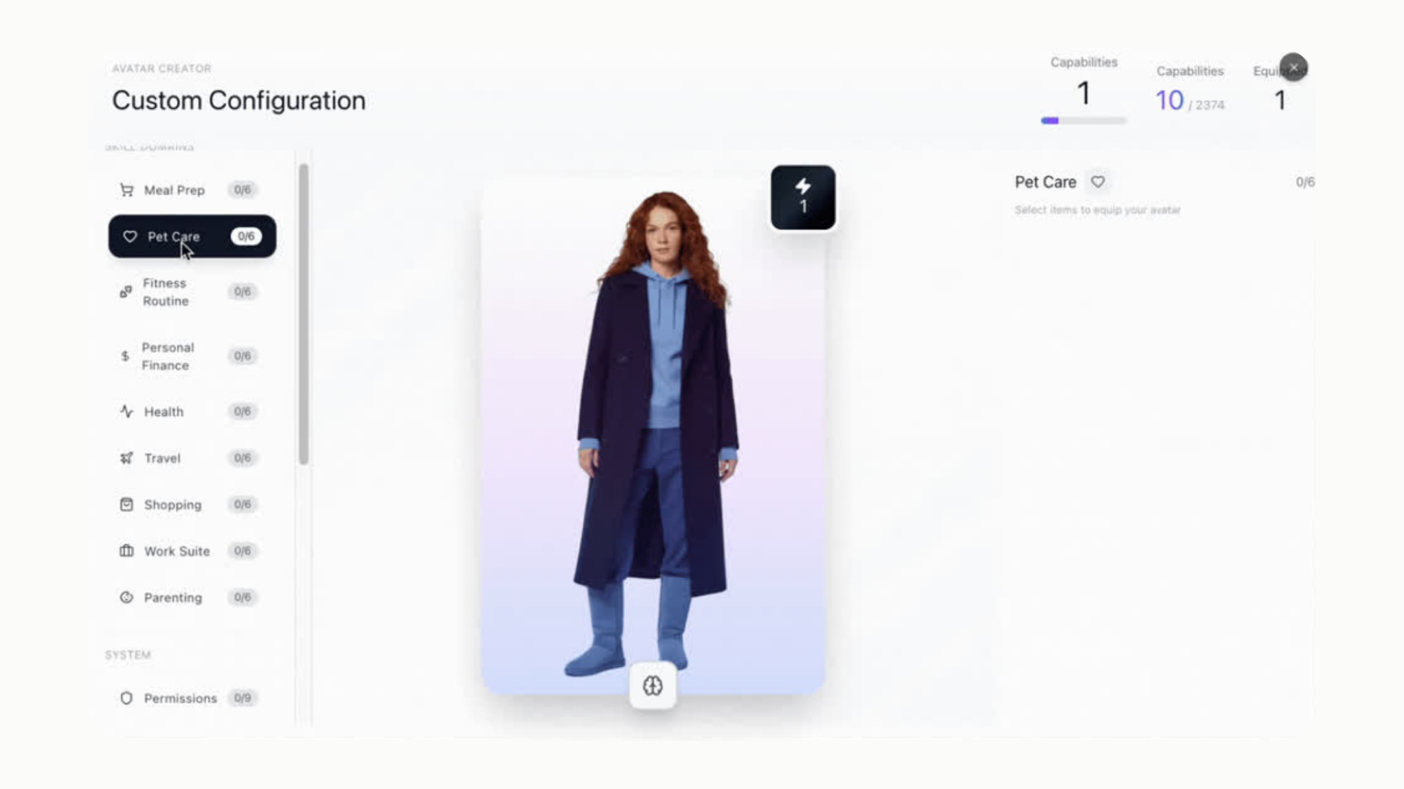 An avatar capability configurator where skills are equipped rather than configured, offering meal prep, pet care, fitness routine, personal finance and health slots.