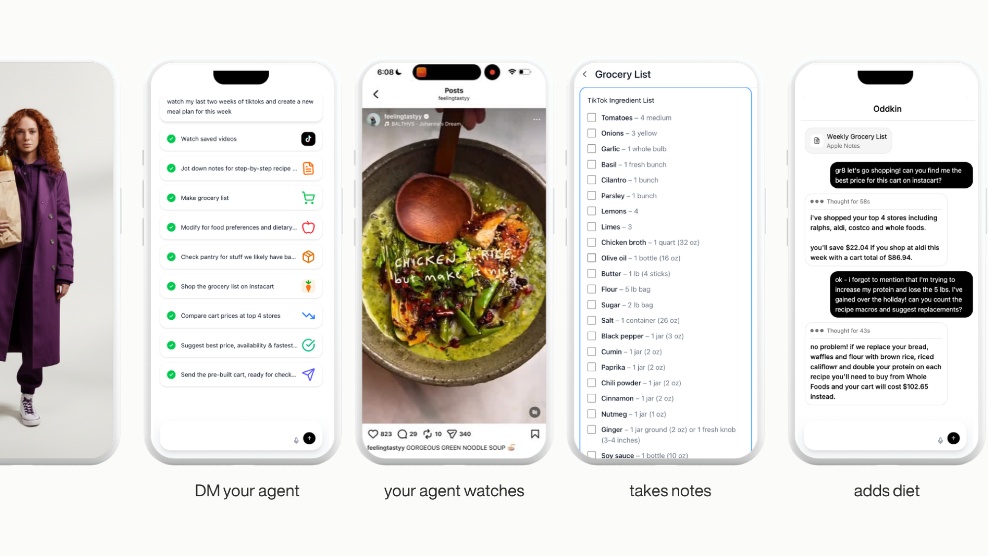 A single instruction — watch my last two weeks of TikToks and create a new meal plan for this week — producing a checklist of agent steps and a structured TikTok ingredient list.