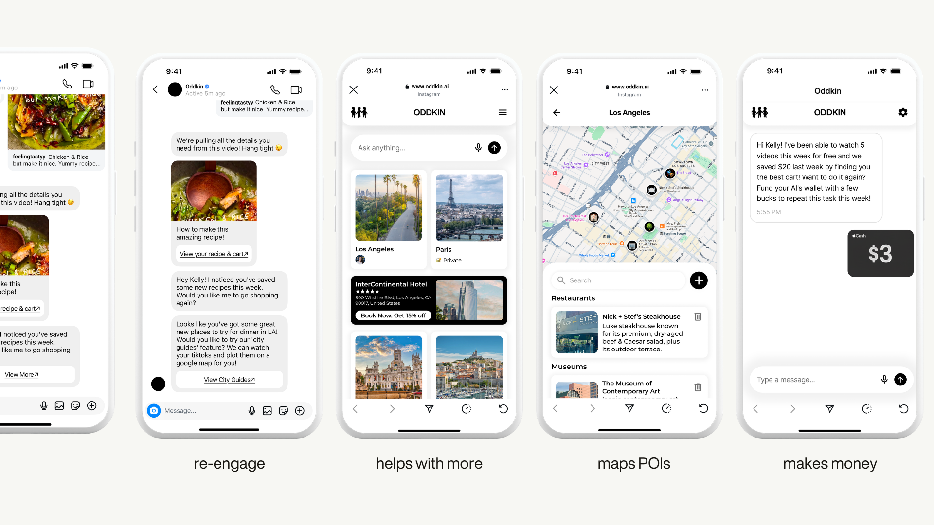 Five phone screens labelled re-engage, helps with more, maps POIs and makes money, showing LA and Paris city guides