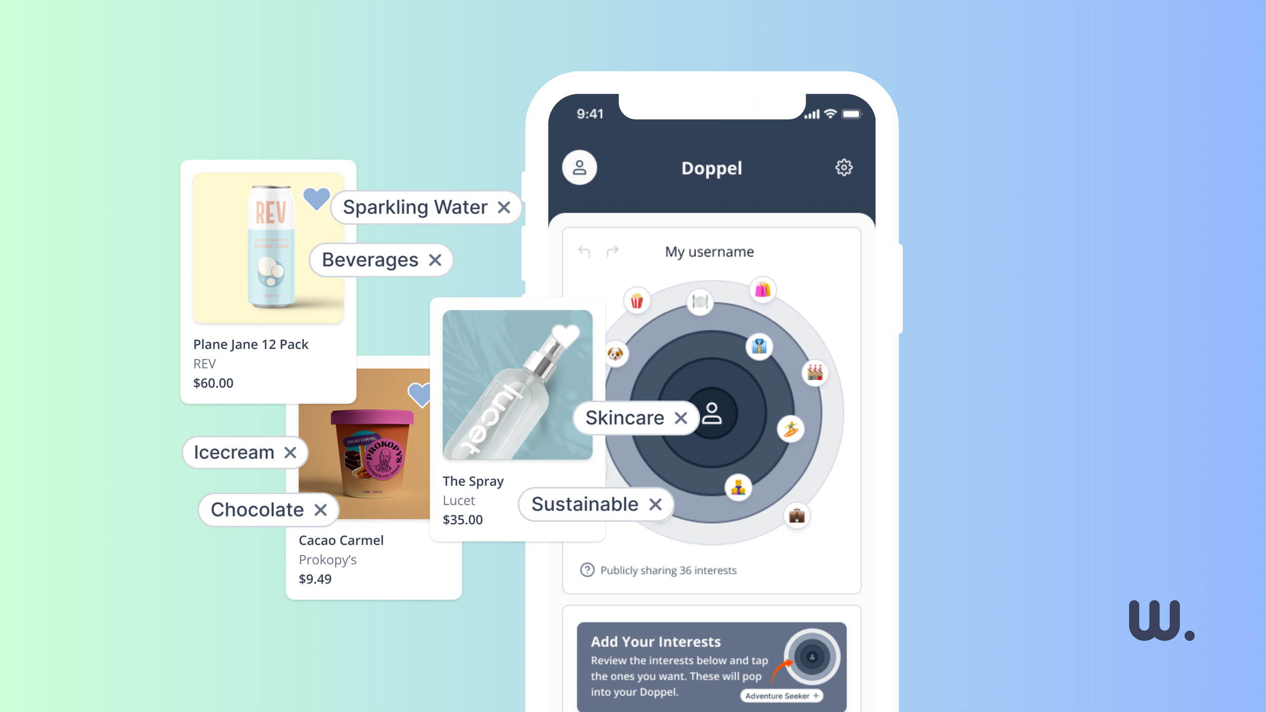 Doppel app screen with a radar of interest icons and floating product cards tagged Skincare, Beverages, Icecream
